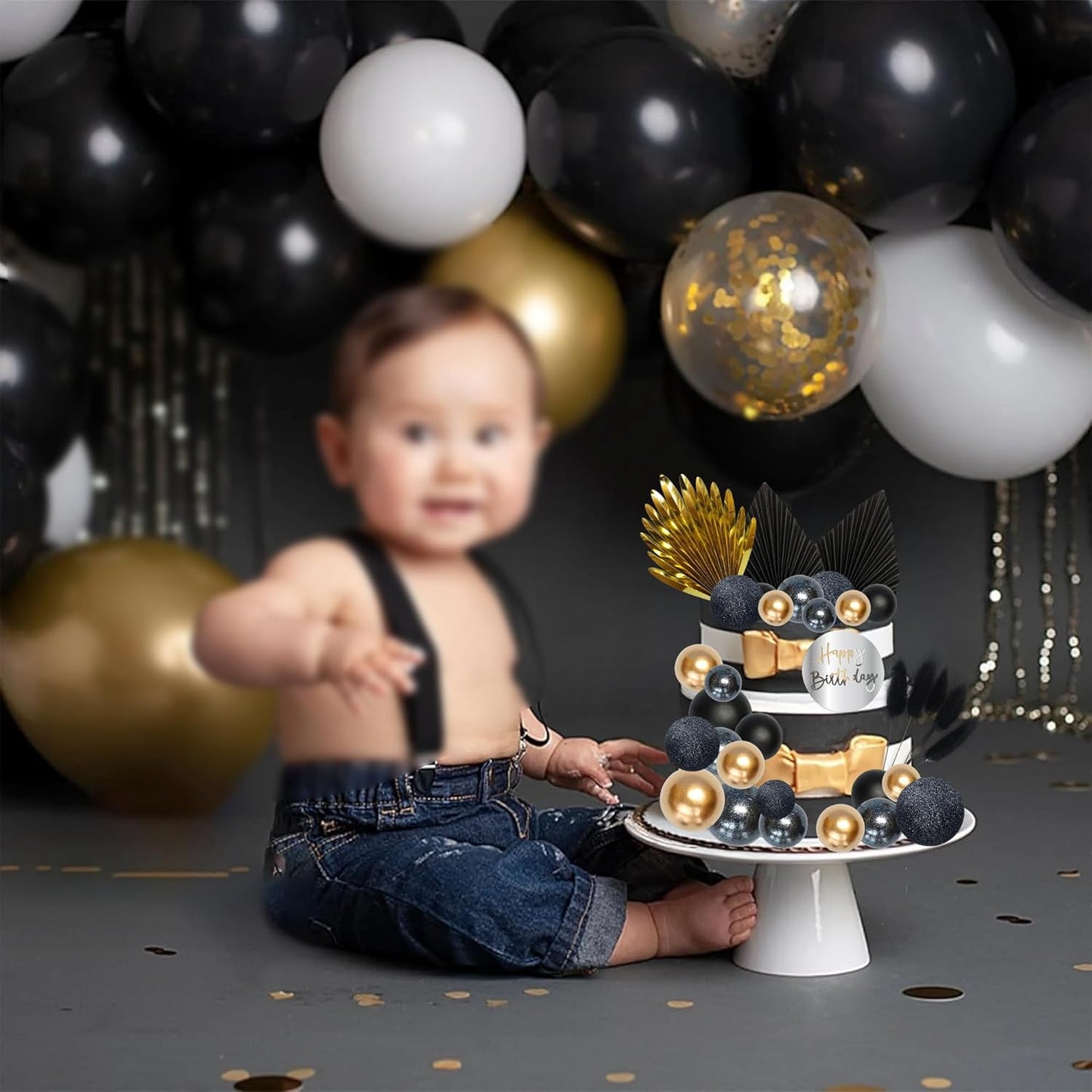 Ephlyn 33 Pack Balls Cake Toppers Boho Palm Leaves Cake Decorations Round Acrylic Happy Birthday Cupcake Toppers for Birthday Wedding Baby Shower Party Supplies Black Gold