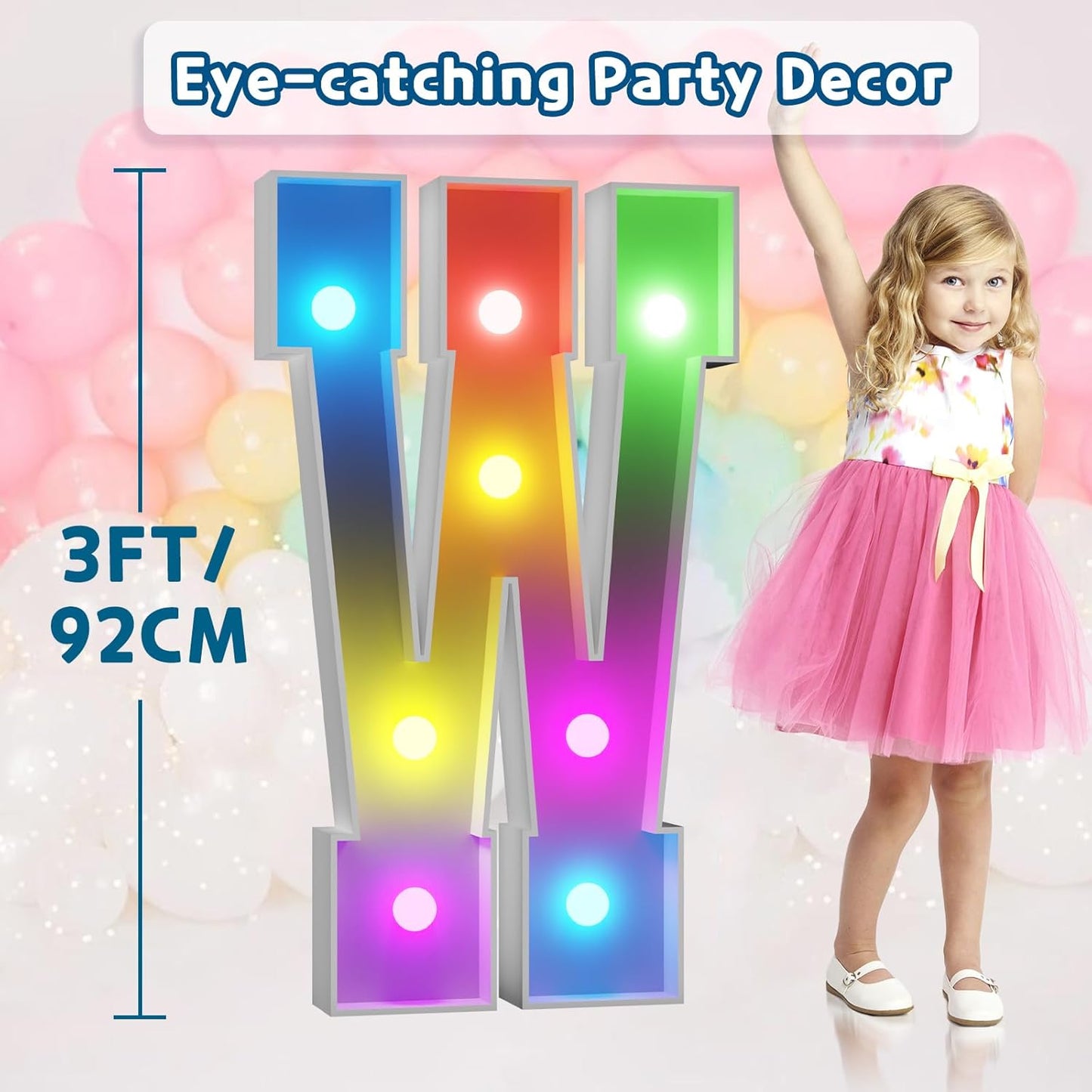 Imprsv 3FT Colorful Marquee Light Up Letters W, 18 Color Light Up Alphabet Sign with Remote, Baby Shower, Birthday Engagement Wedding Party Decor