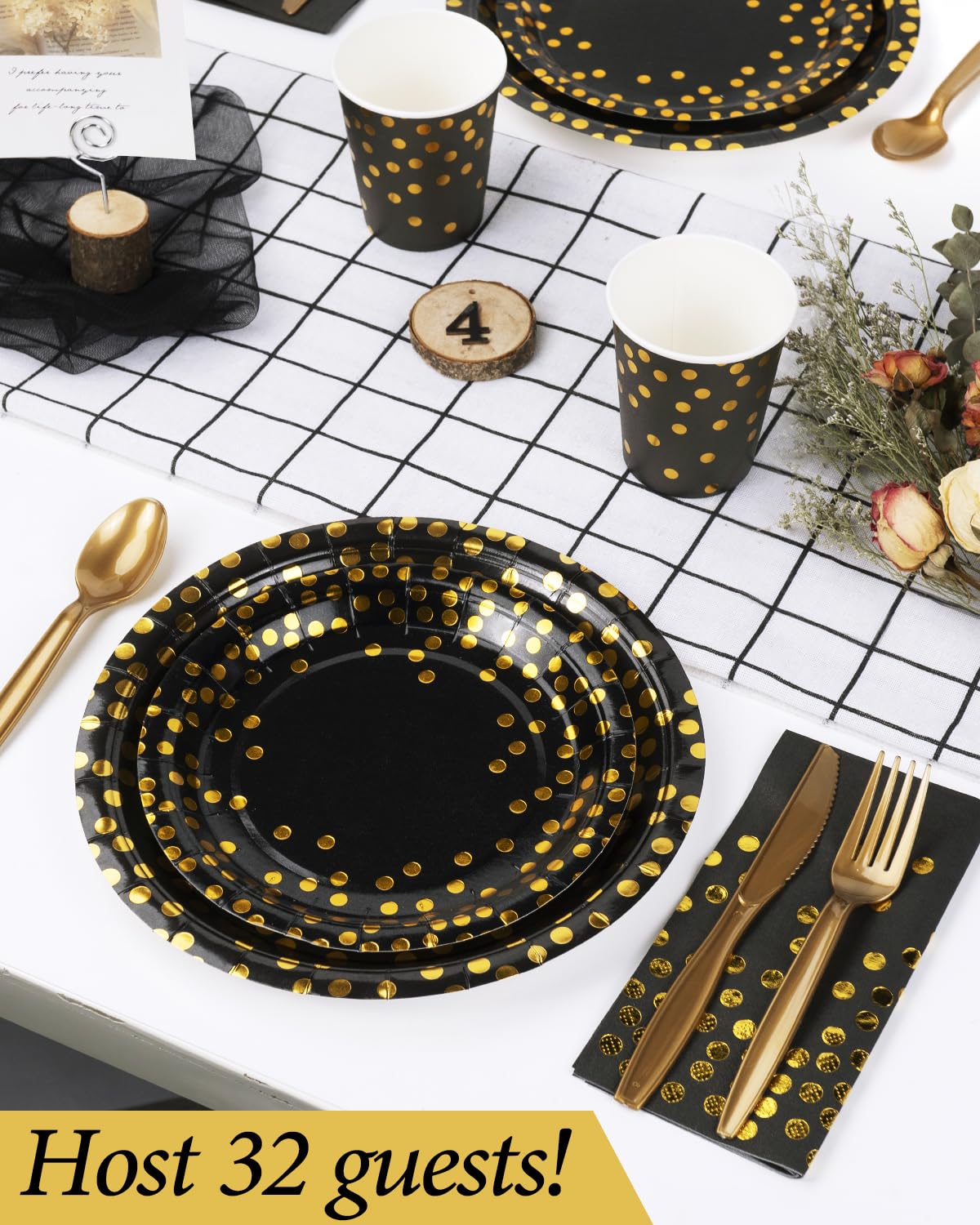 224 Pieces Party Supplies, Black and Gold Party Plates Cups and Napkins Sets with Plastic Knives