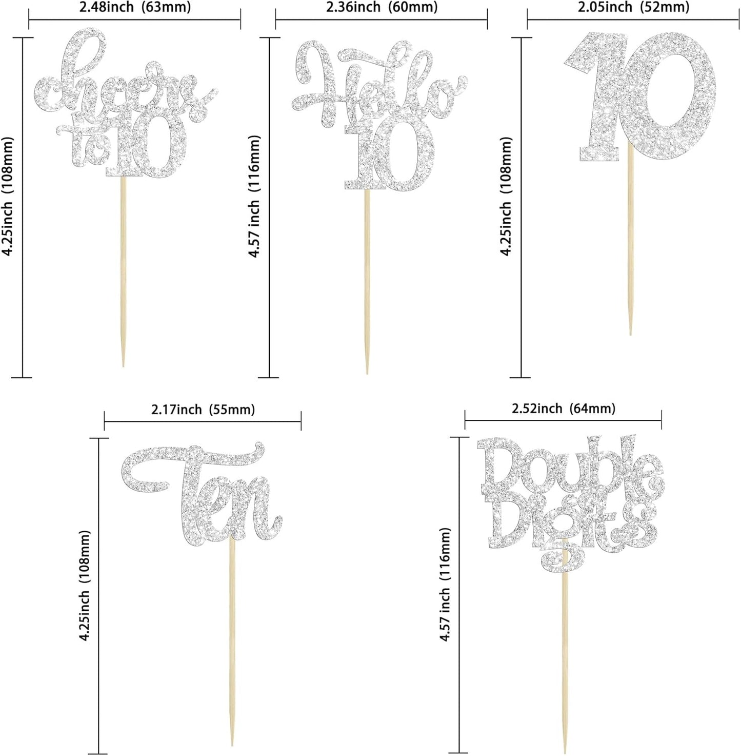 30Pcs 10th Birthday Cupcake Toppers Ten Double Hello 10 Cupcake Picks Cheers to 10 Years Old Cake Decorations for 10th Birthday Party Supplies Silver Glitter