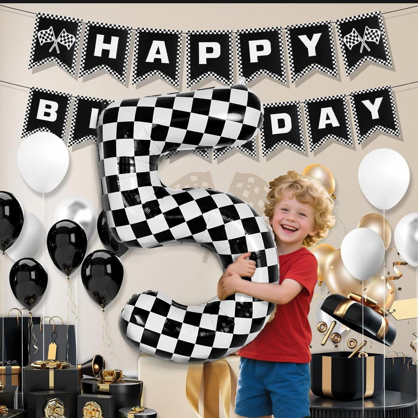 40 Inch Checkered Number Balloon - Race Flag Pattern Big Helium Balloon for Birthday Party Decorations - Black & White Balloon for Kids Adults Party Supplies (Racing Car, Number 5)