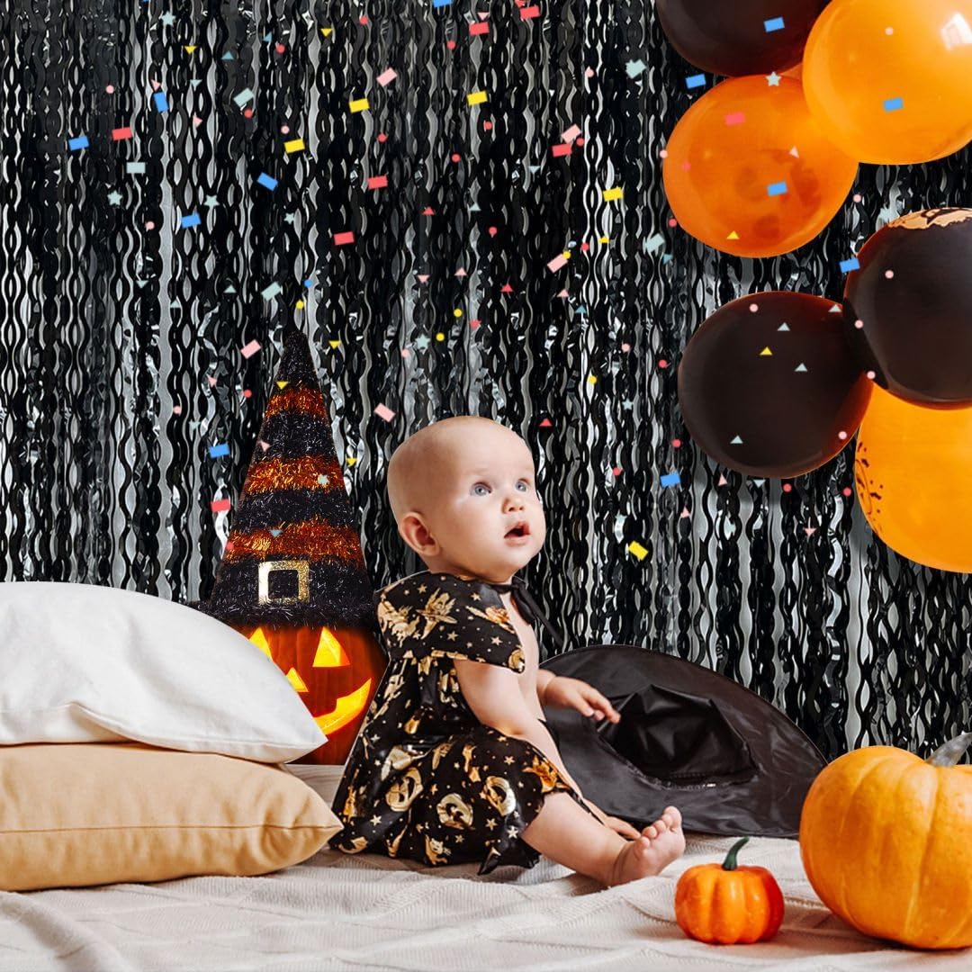 Black Fringe Curtain Party Streamers 5Pcs Foil Fringe Backdrop Curtains Wave Tinsel Streamers Black Party Decorations Door Streamers for Birthday Wedding Bridal Shower Halloween Decor