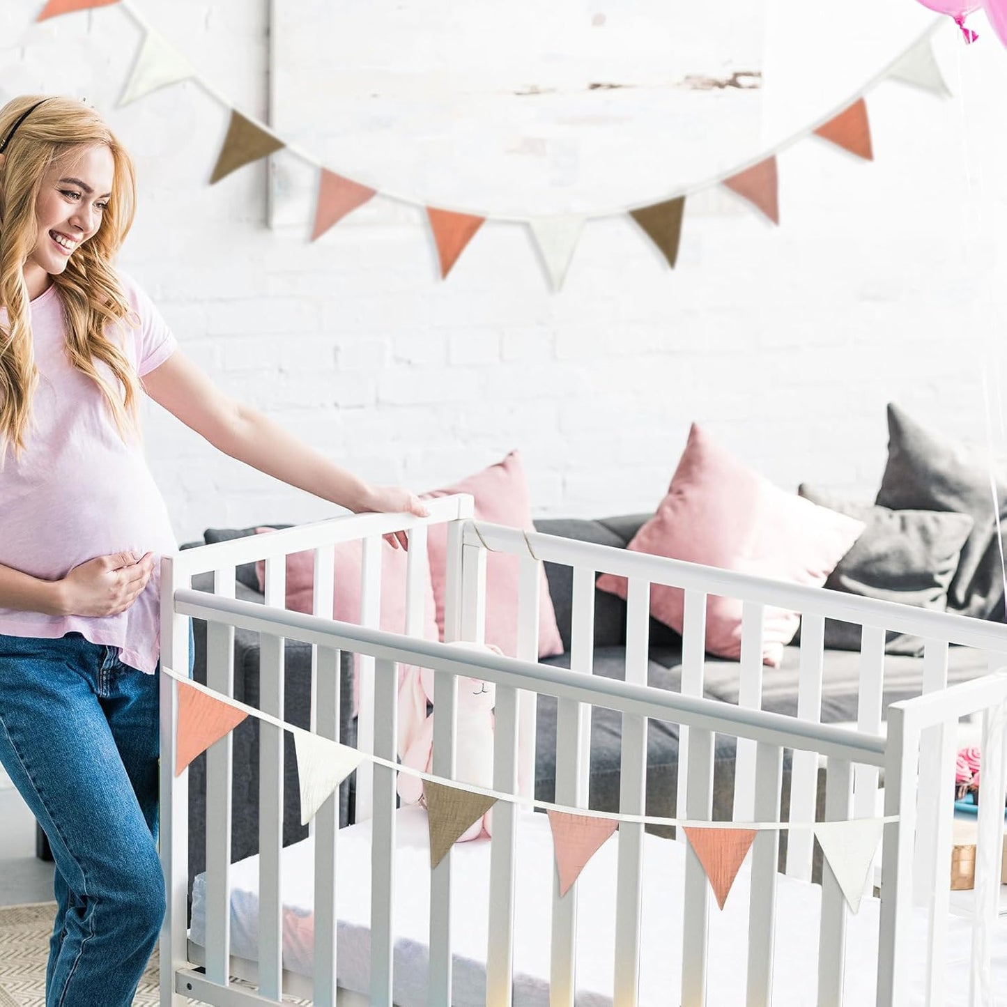 Oudain 15.5 ft Pennant Banner Flags, 2 Pcs Nursery Garland Triangle Bunting Flag Baby Banner for Nursery Decor Baby Birthday Boho Wedding Shower Party Event, Each 7.75 ft(Pastel Color)