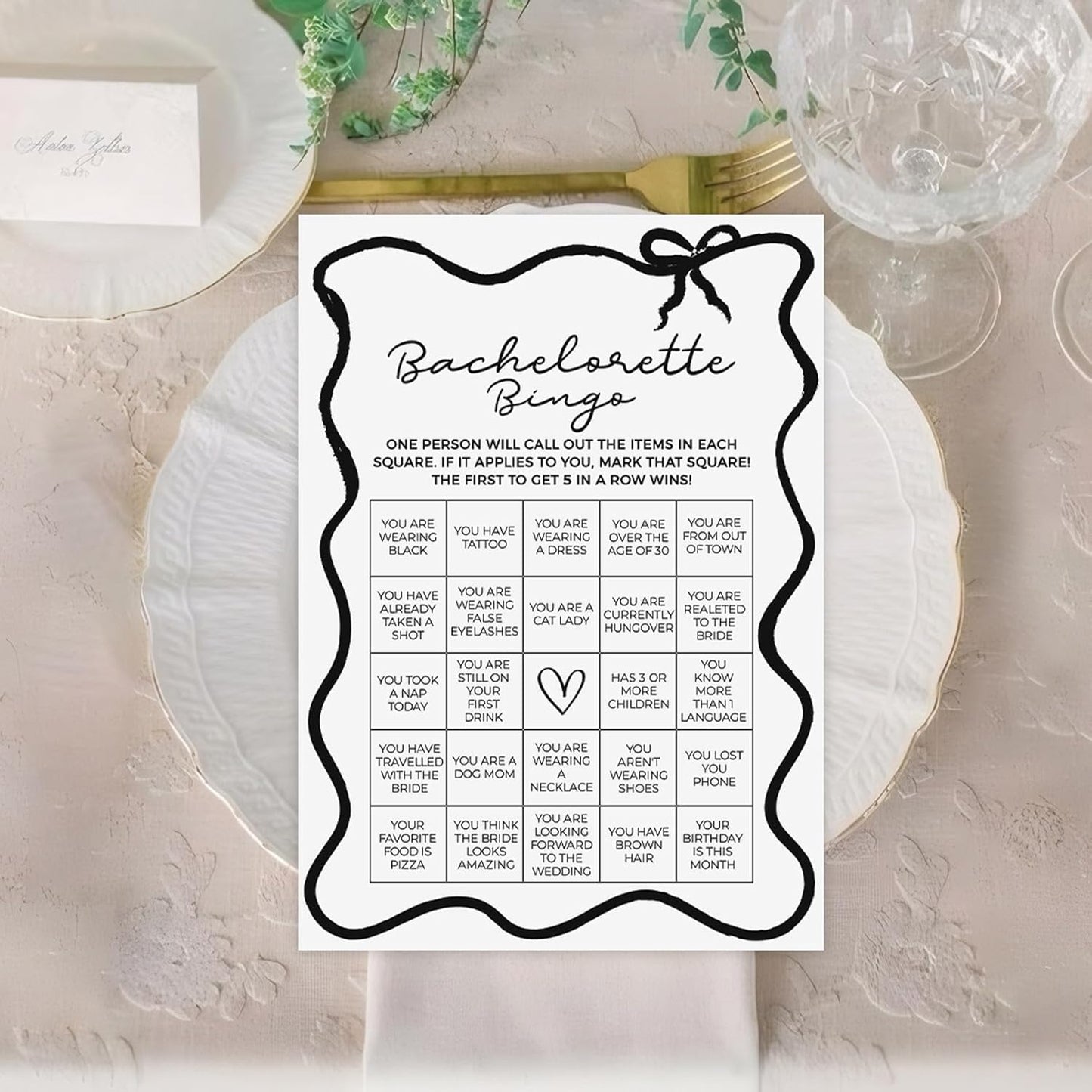DEEKA 30 PCS Bridal Shower Games Card for 30 Guests Black Wavy Border Ribbon Bow Funny Wedding Bachelorette Party Games for Reception (Bachelorette Bingo)