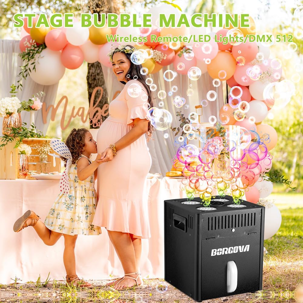 Stage Bubble Machine with Lights, DMX Control, Wireless Remote - Perfect for Weddings, Commercial Performances, Kids’ Parties, and Carnivals