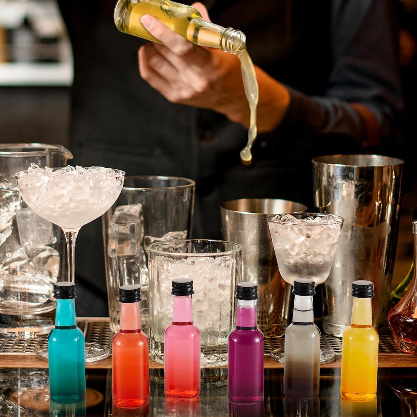 Tessco 100 Pcs Mini Liquor Bottles Plastic Mini Salad Dressing Bottle Christmas Small Shooter Alcohol Holders with Cap Wine Hot Sauce(4 oz,Black)