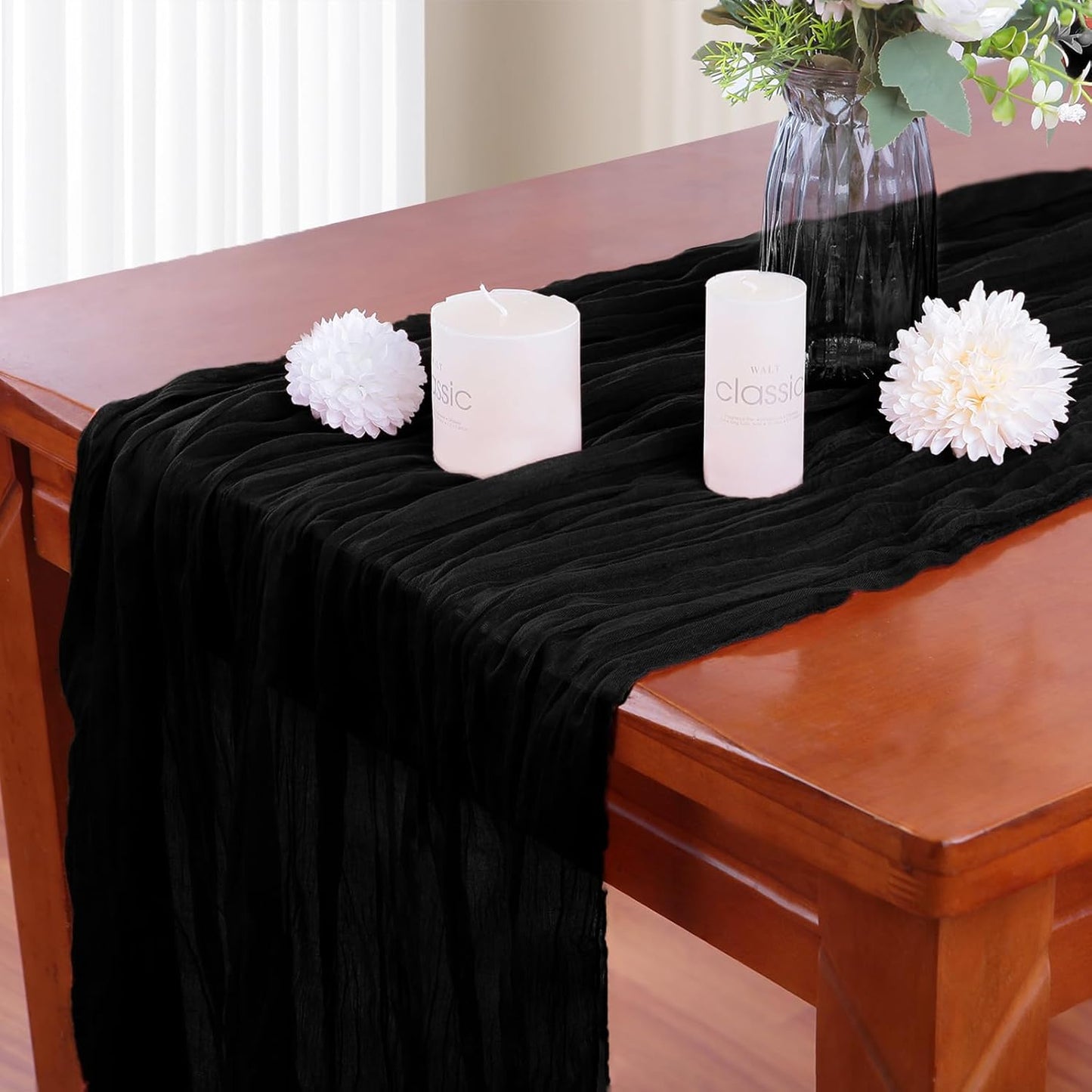 16PCS Black Cheesecloth Table Runner 10FT 35x120Inch Boho Gauze Cloth Long Rustic Sheer for Wedding Party Baby Bridal Shower Decor