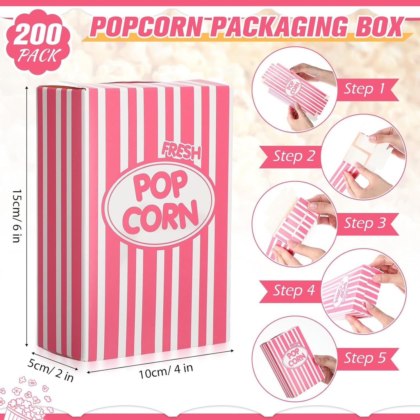 Xinnun 200 Pcs Paper Popcorn Boxes 1 oz Close Top Oil Proof Disposable Popcorn Container 6 x 4 x 2 Inch Stripes Leak Proof Popcorn Boxes for Party Movie Party Theater Night Birthday (Pink)