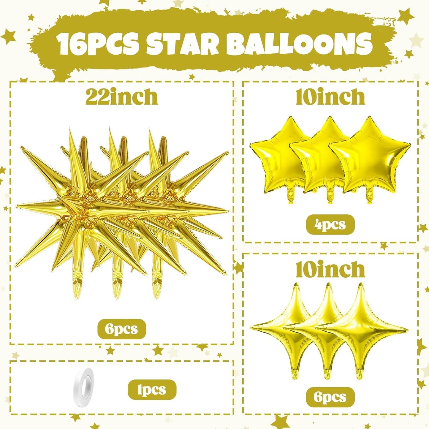 Gold Star Balloon,16Pcs Star Foil Balloons Set with 22Inch Explosion Spike Cone Balloons and 10Inch Quadrangle Helium Balloon for Birthday Wedding Baby Shower Party Decorations