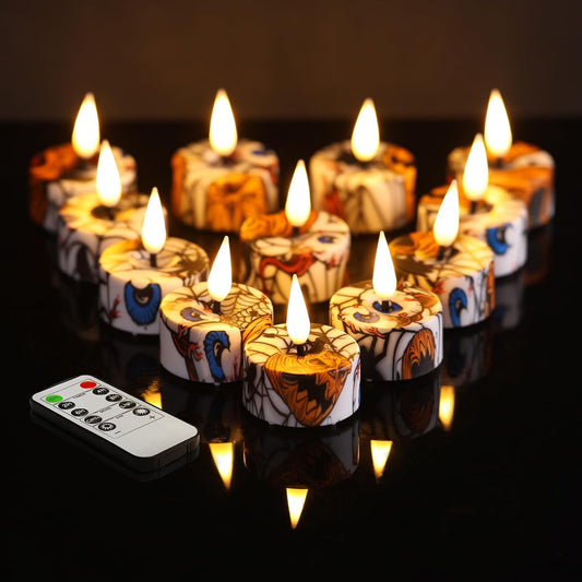 Eywamage Halloween Flameless Tealights with Remote, Spooky Spider Pumpkin Battery LED Tea Votive Candles Set of 12