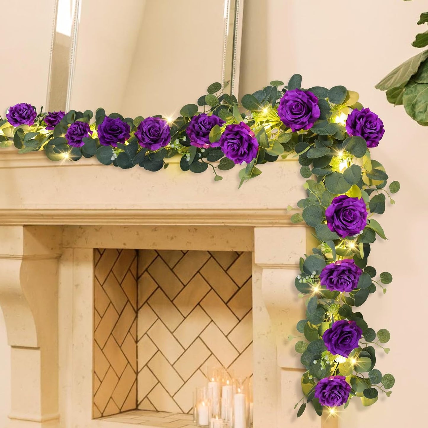 MACTING 2 Pack 13.2FT Eucalyptus Garland with Lights - Spring Gypsophila Flower Garlands with 24 Purple Roses Artificial Floral Greenery Vines for Arch Table Centerpieces Backdrop Party Wedding Decor