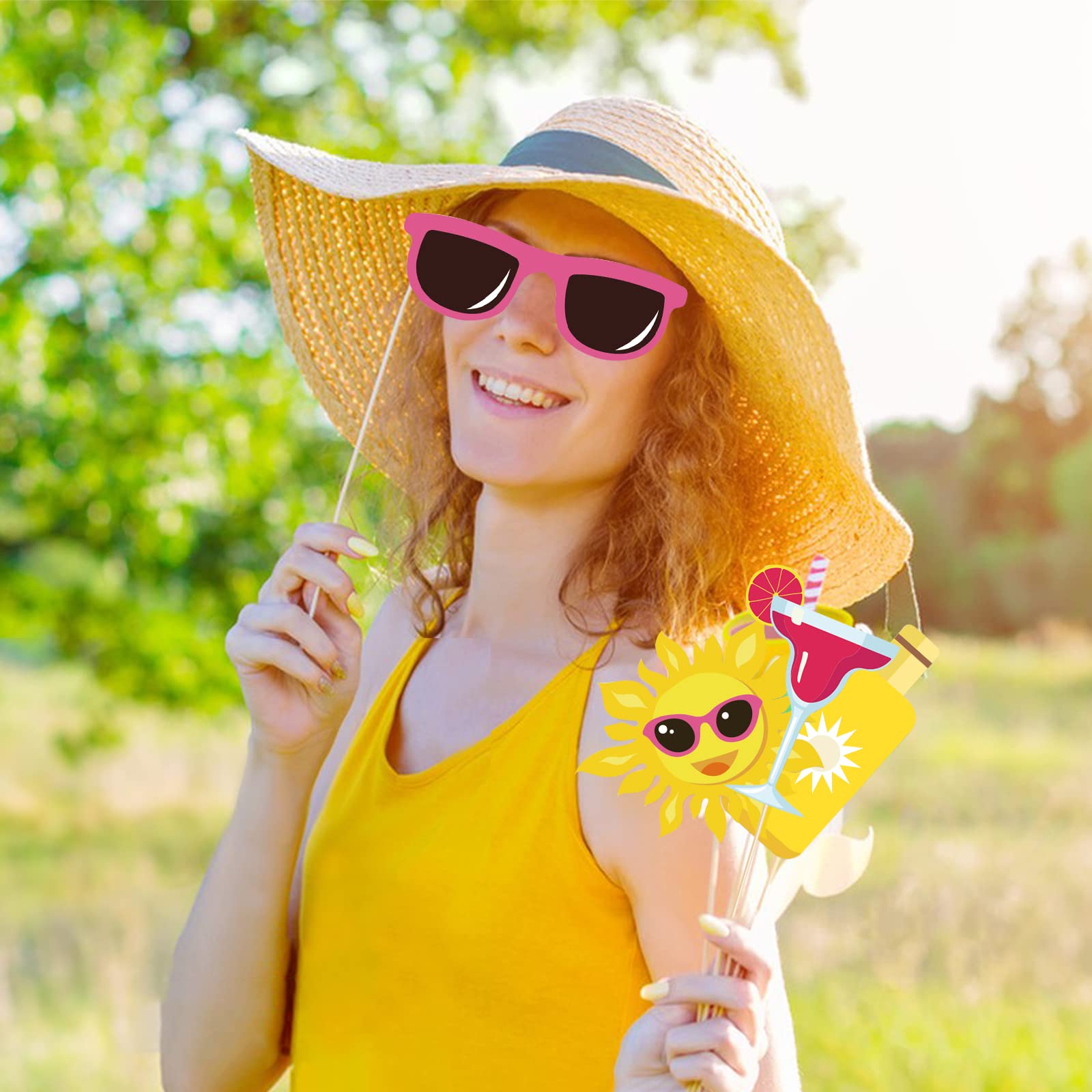 25Pcs Pool Photo Booth Props with Stick, Beach Summer Pool Party Decorations, Hawaiian Party
