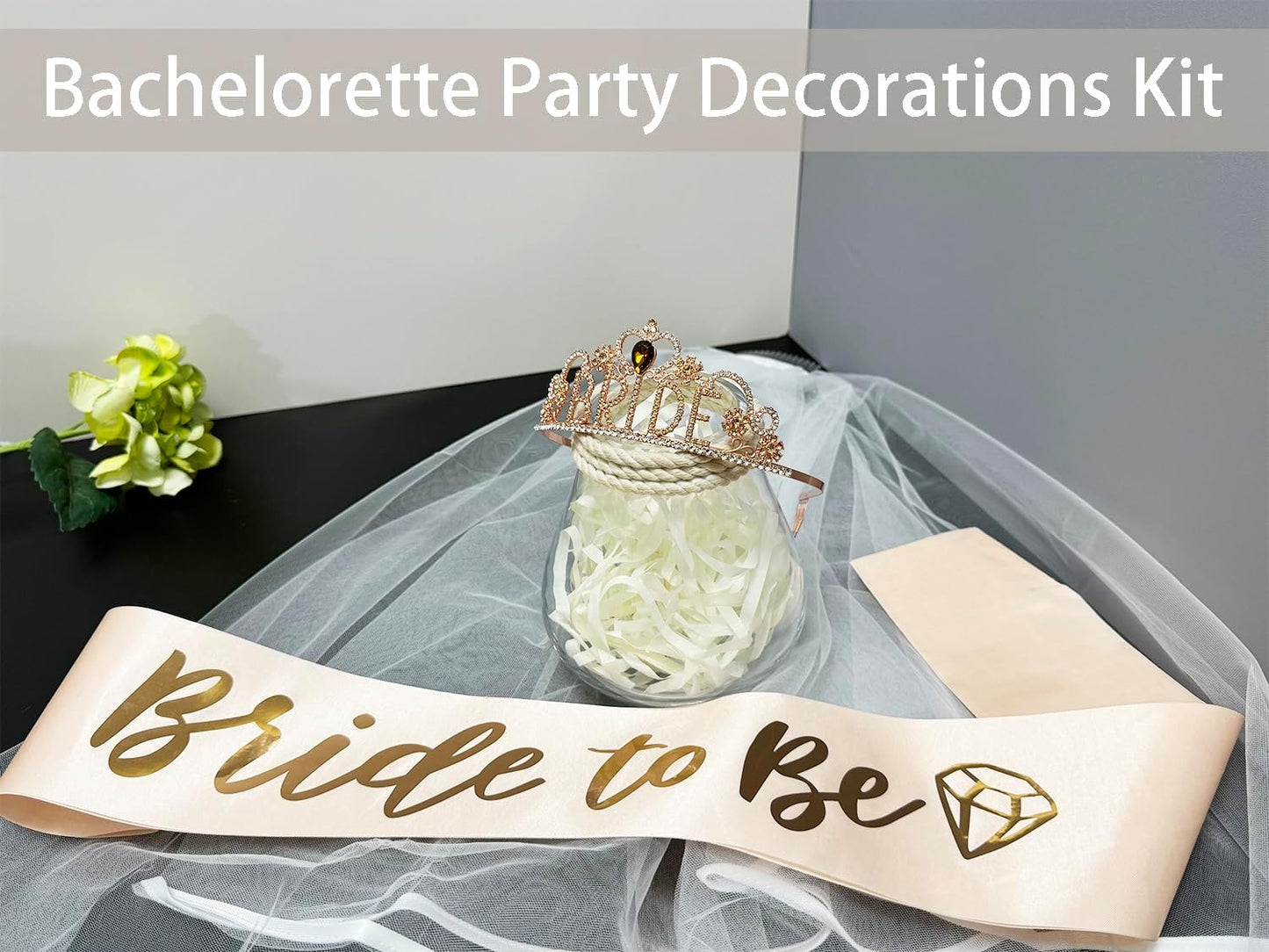 JETKONG 3 Pcs Bachelorette Party Decorations "BRIDE" Crown, Bride to Be Sash&Veil for Women Bachelorette Party Gifts, Bridal Shower Supplies, Gifts, Favors (Rose Gold)