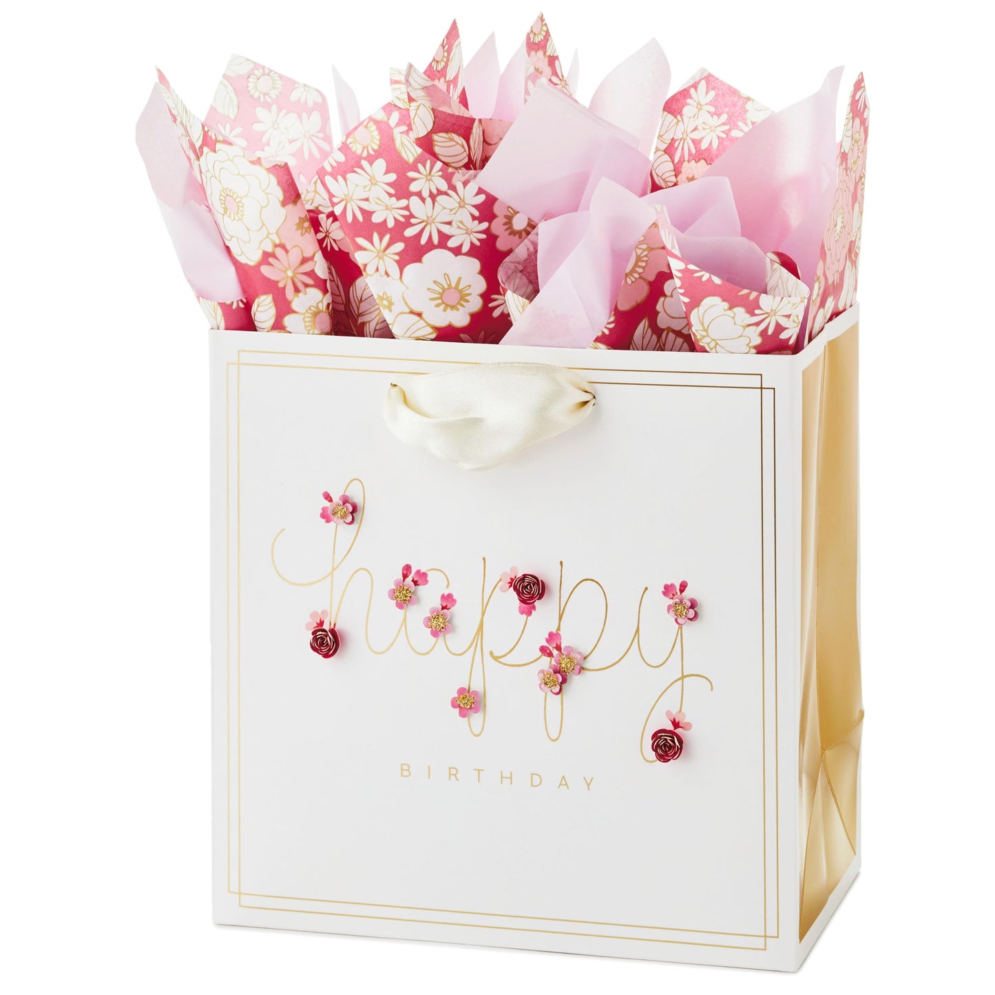 Hallmark Signature 7" Medium Birthday Gift Bag with Tissue Paper (Pink Flowers)