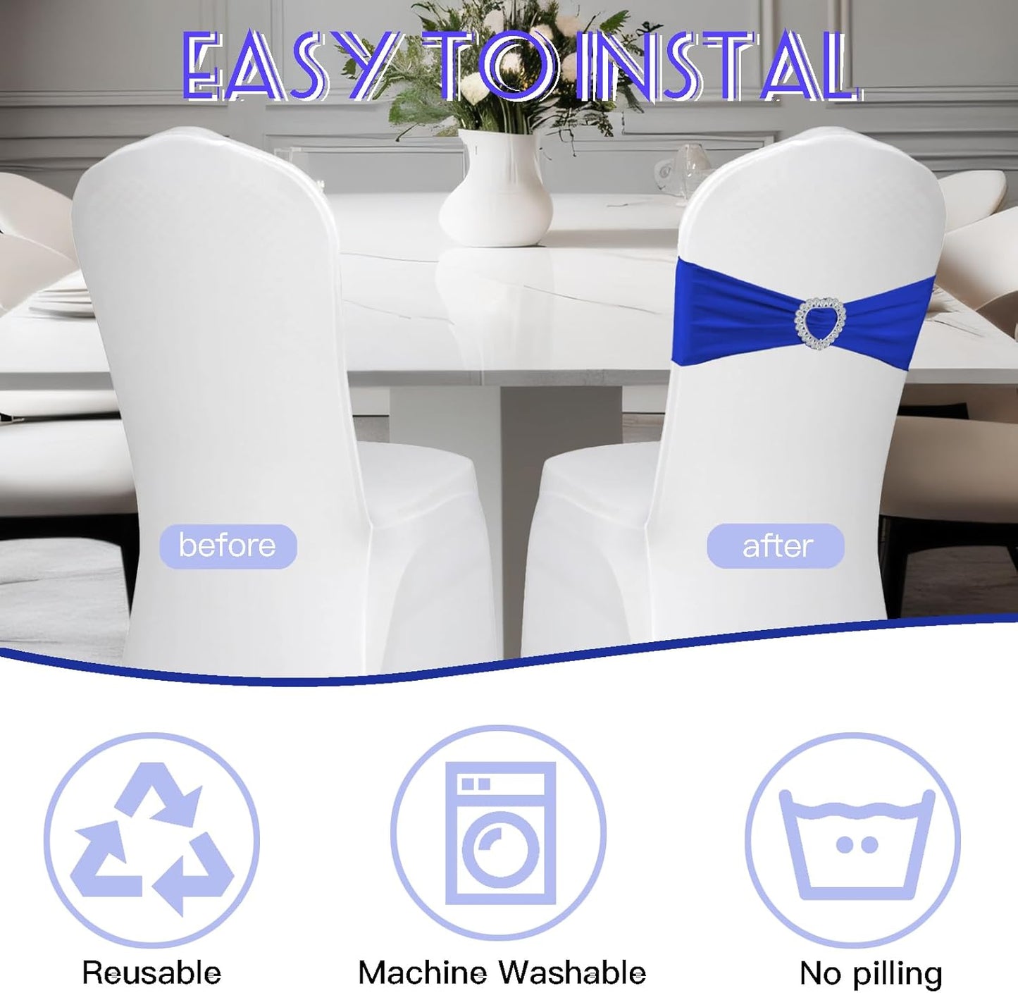 100PCS Spandex Stretch Royal Blue Chair Sashes Bows Universal Elastic Chair Cover Bands Ties with Buckle Slider for Wedding Party Ceremony Reception Event Banquet Decoration(Royal Blue)