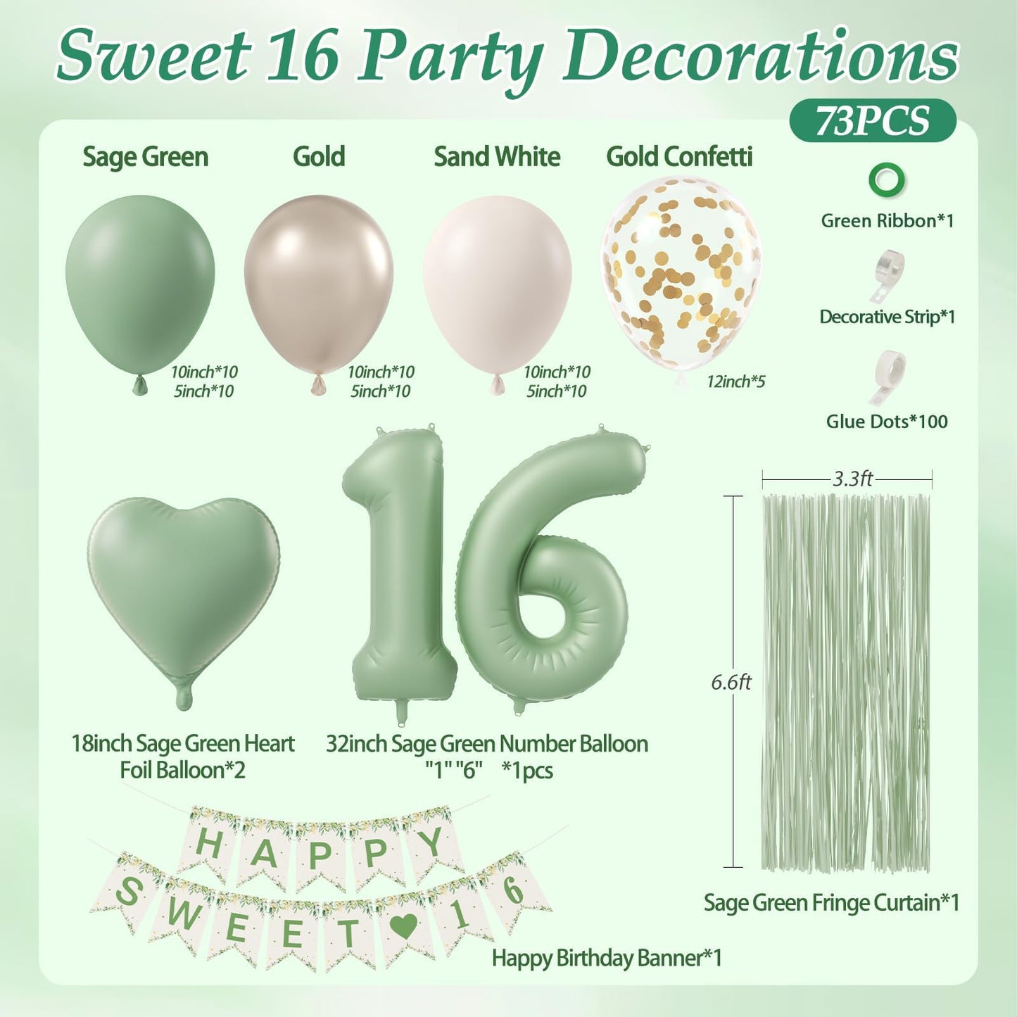 73pcs Sweet 16 Party Decorations with Sage Green Sand White Gold Balloons
