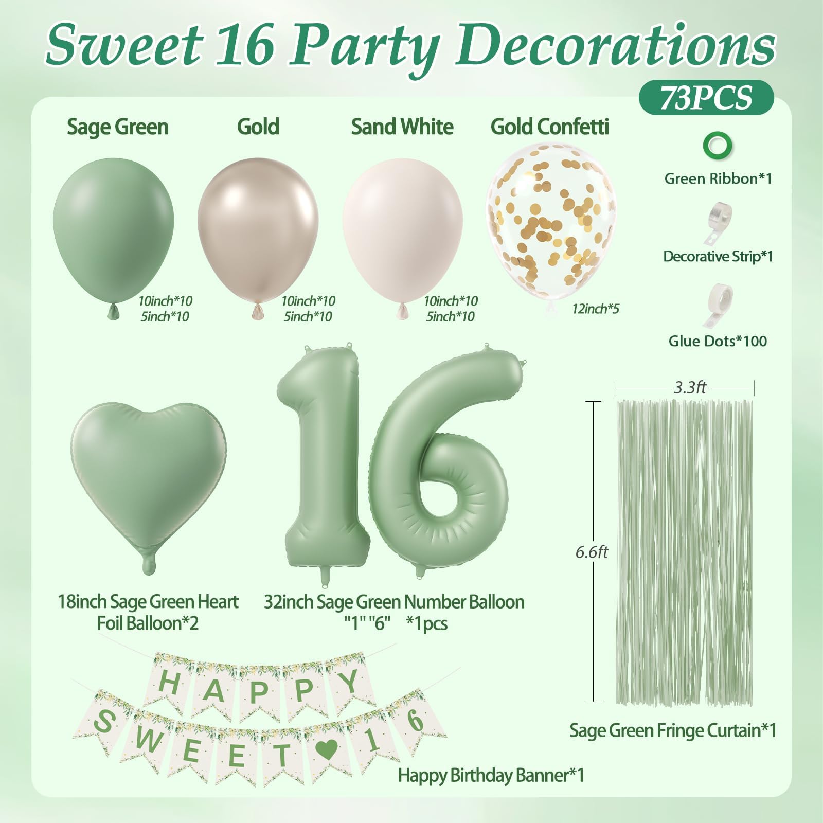 73pcs Sweet 16 Party Decorations with Sage Green Sand White Gold Balloons