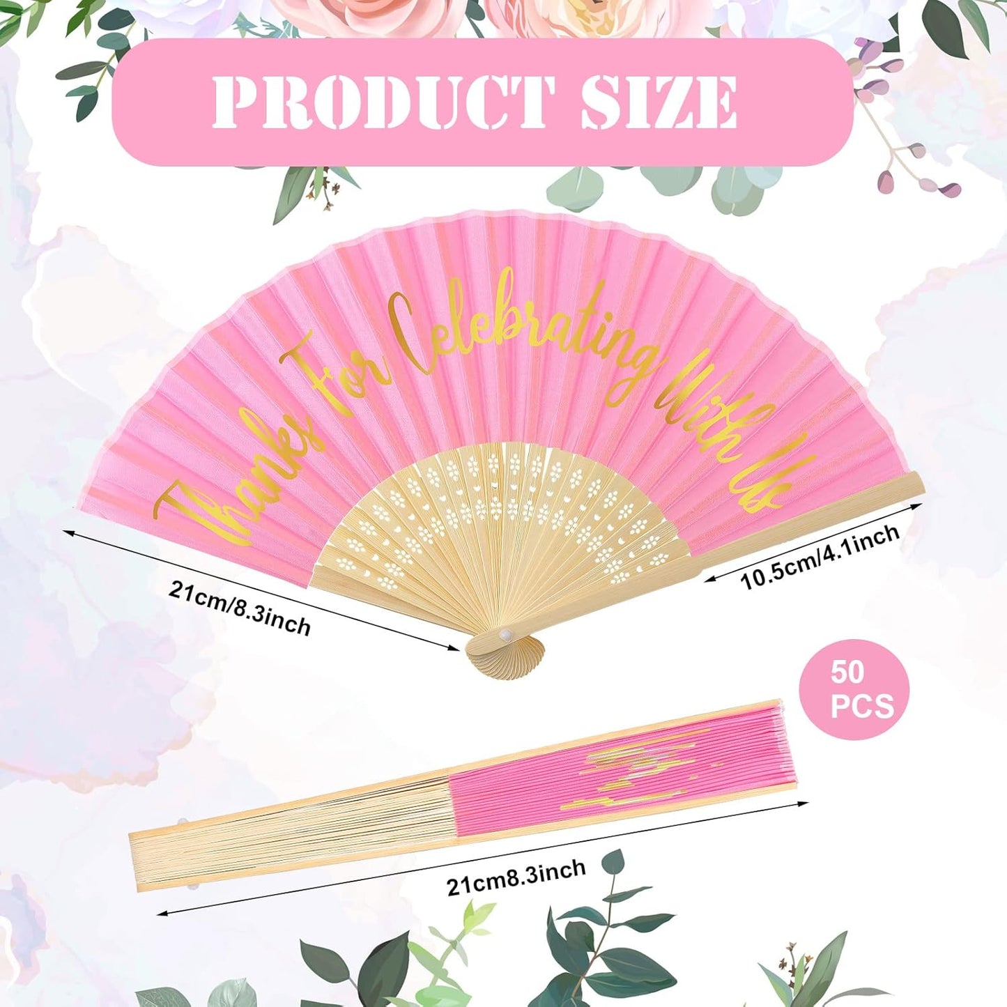 Jetec 50 Pcs Wedding Fans for Guests Bulk Silk Hand Fans Handheld Folded Thank You for Celebrating with Us Wedding Favors for Bridal Bridesmaid Baby Shower Dancing Party Church Gift(Pink)