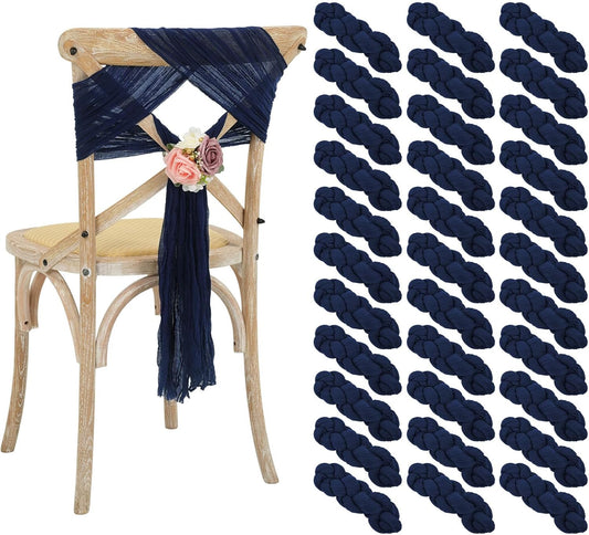 50 PCS Cheesecloth Chair Sashes Bows Wedding Aisle Decorations Chair Ribbon Ties Back Sash for Wedding Party Events Banquet Chair Cover Decoration (Navy Blue)