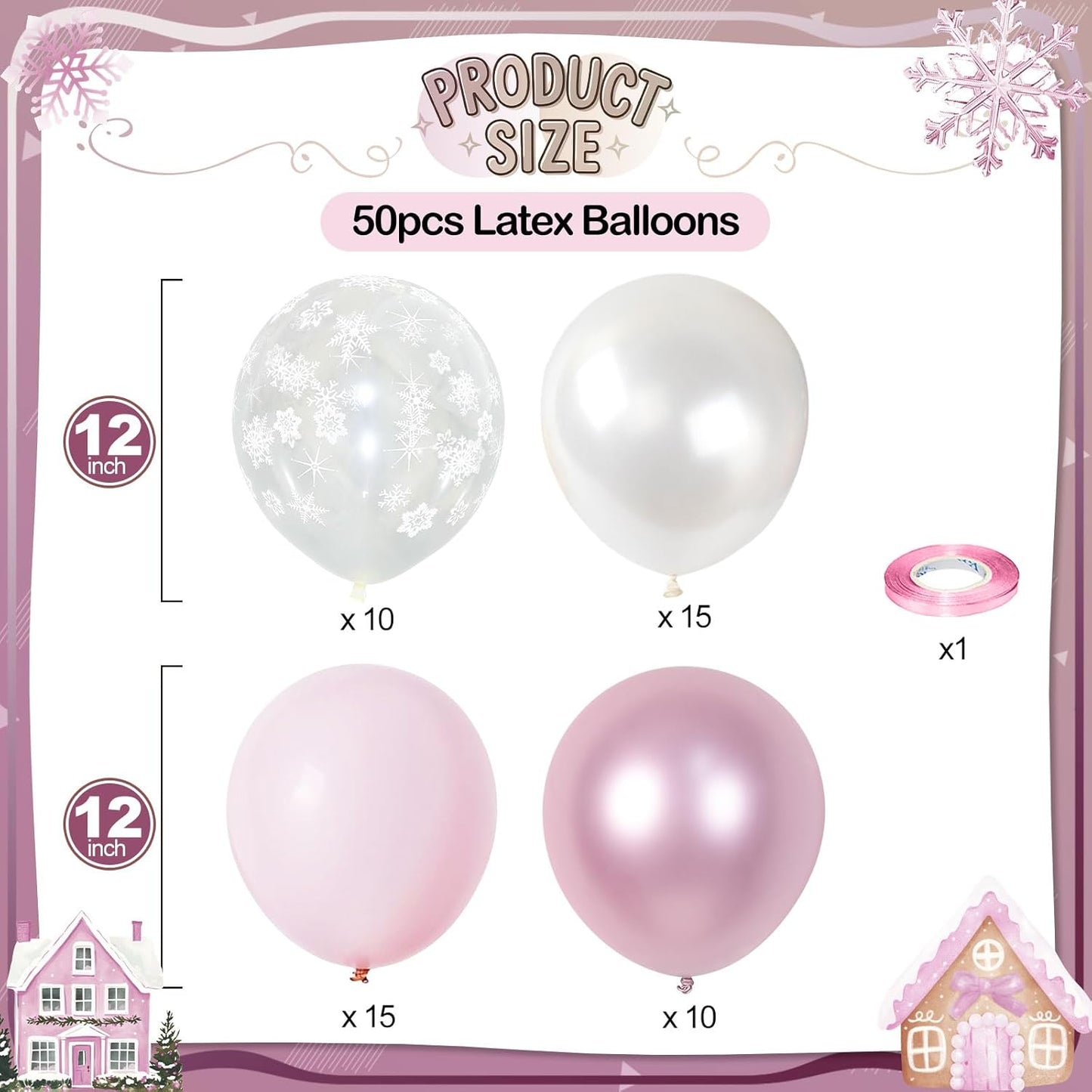 Pink Winter Wonderland Balloons, 50 Pcs 12 Inch Pearl White Balloons Pastel Metallic Pink Balloon for Girls Womem Winter Christmas Wonderland Birthday Baby Shower Ice Snow Princess Party Decorations