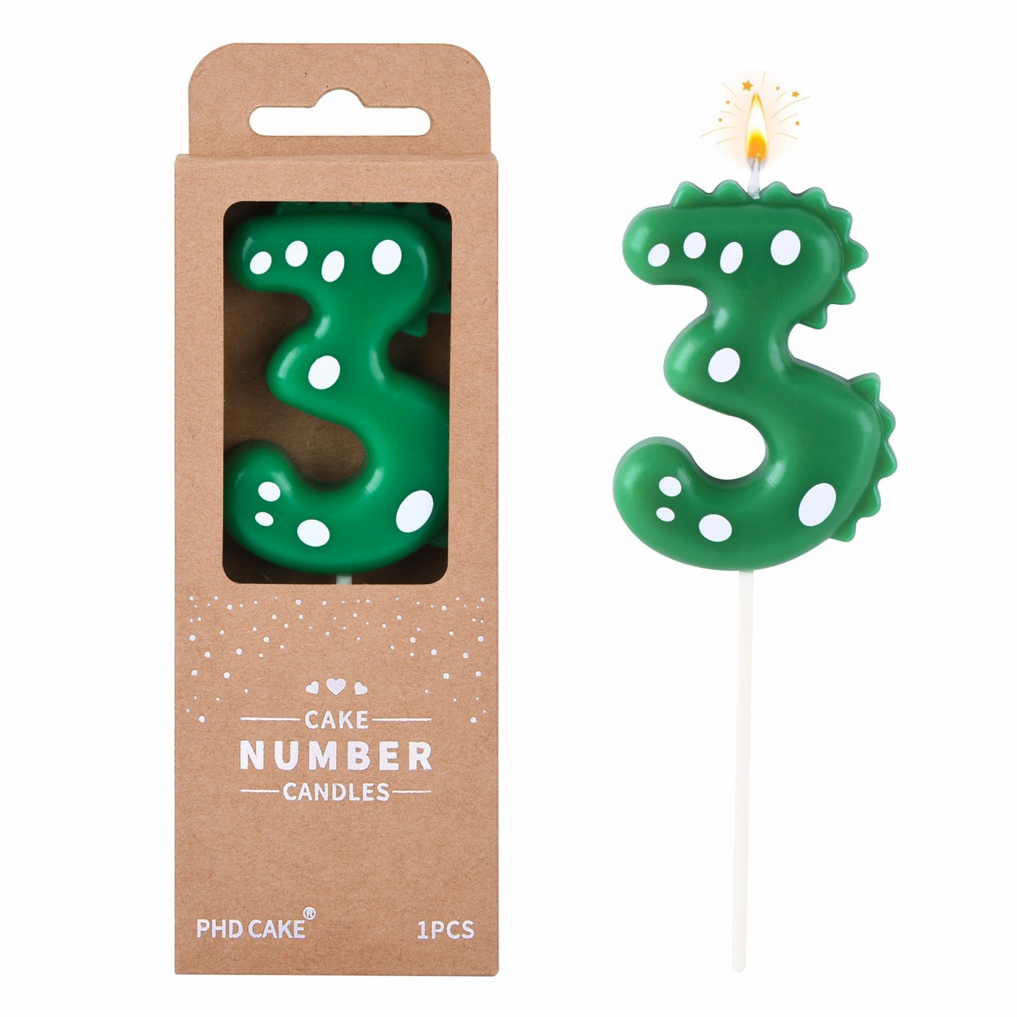 PHD CAKE 2.76 Inch Green Dinosaur 3 Number Birthday Candles, Dinosaur Number Candles, Cake Number