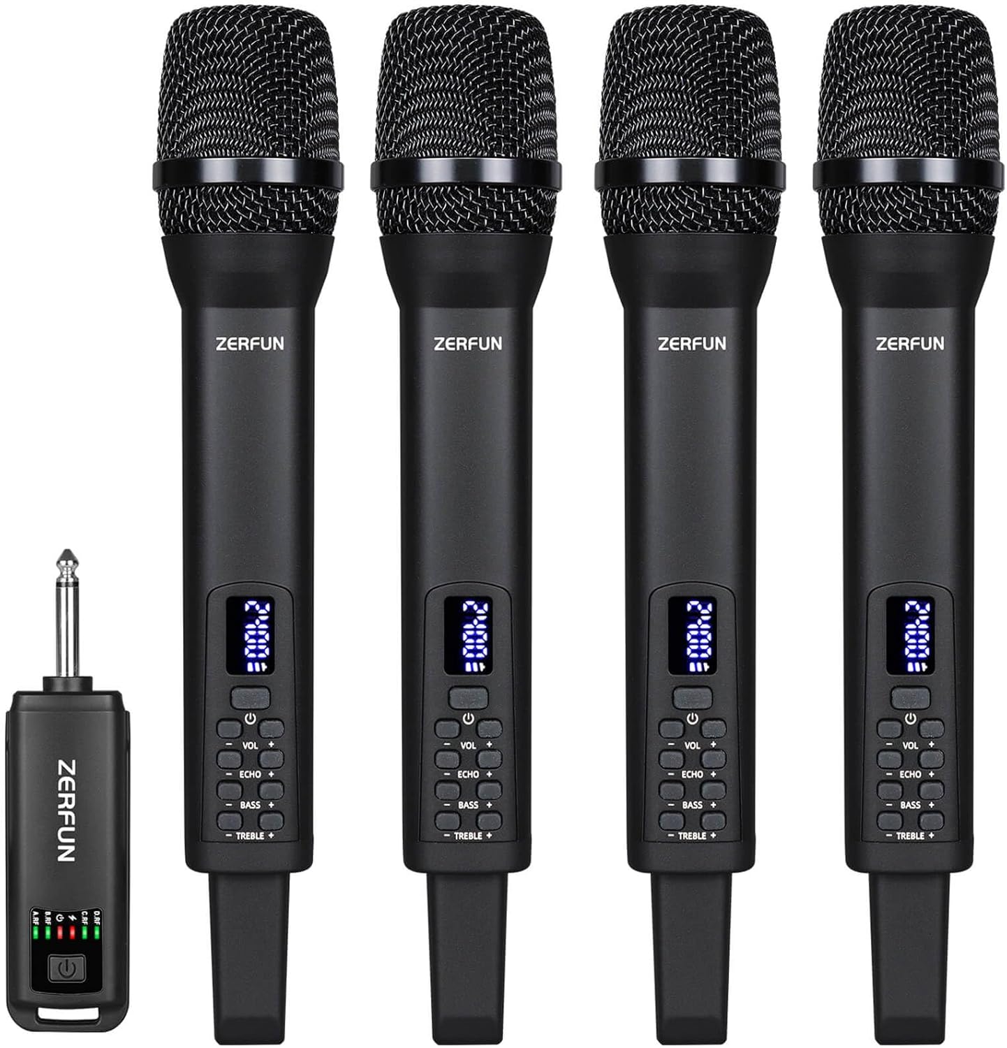 4 Rechargeable Wireless Microphones, Pro Handheld Cordless Mics System with Echo Treble BASS VOL Control for Karaoke Singing Church Party, 1/4'' Output, Black