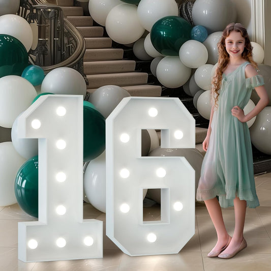 Marquee Numbers 3 Feet Tall Big Light Up Numbers Sweet 16 16th Happy Birthday Decorations Girl Boy White Anniversary Party Decor Large Cardboard Prop Backdrop Sign 16