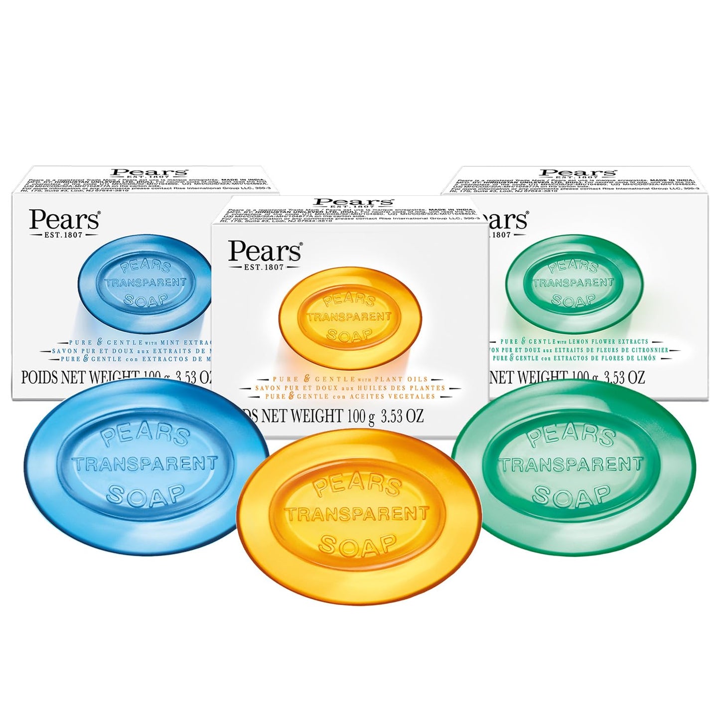 Pears Glycerin Soap Variety 3-Pack – Transparent Amber, Blue & Green Bars for Soft, Glowing Skin, 3.53 Oz Ea
