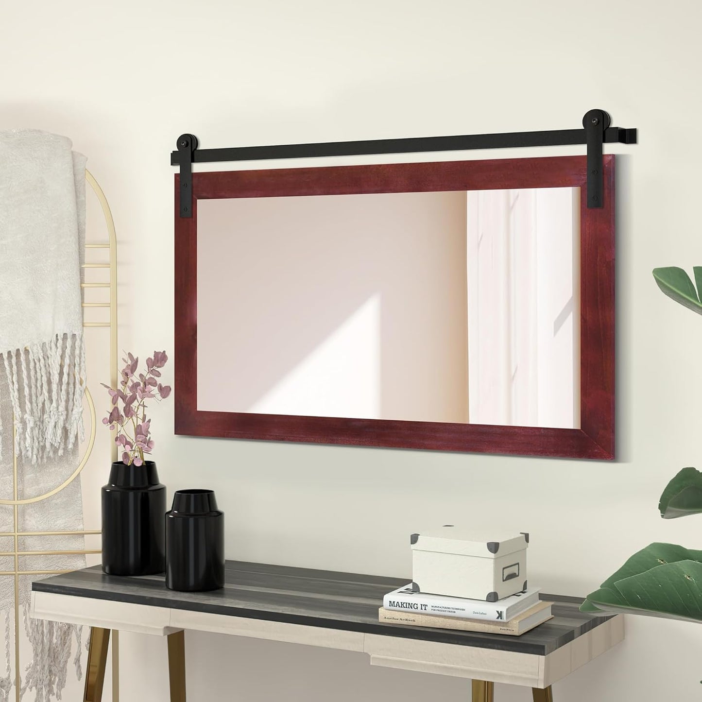 COGOOD Farmhouse Barn Door Mirror - 41" x 26" Rustic Wood Framed Mirror for Bathroom, Living Room, Entryway Wall Decor (Espresso)