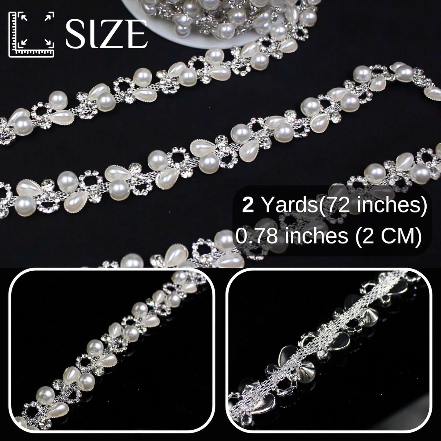 2 Yard Pearl Chain Silver Rhinestone Trim String Crystal Applique Fringe Ribbon Strips Beads Sewing Dress DIY Party Wedding Bouquet for Decoration Bridal Costume Embellishment