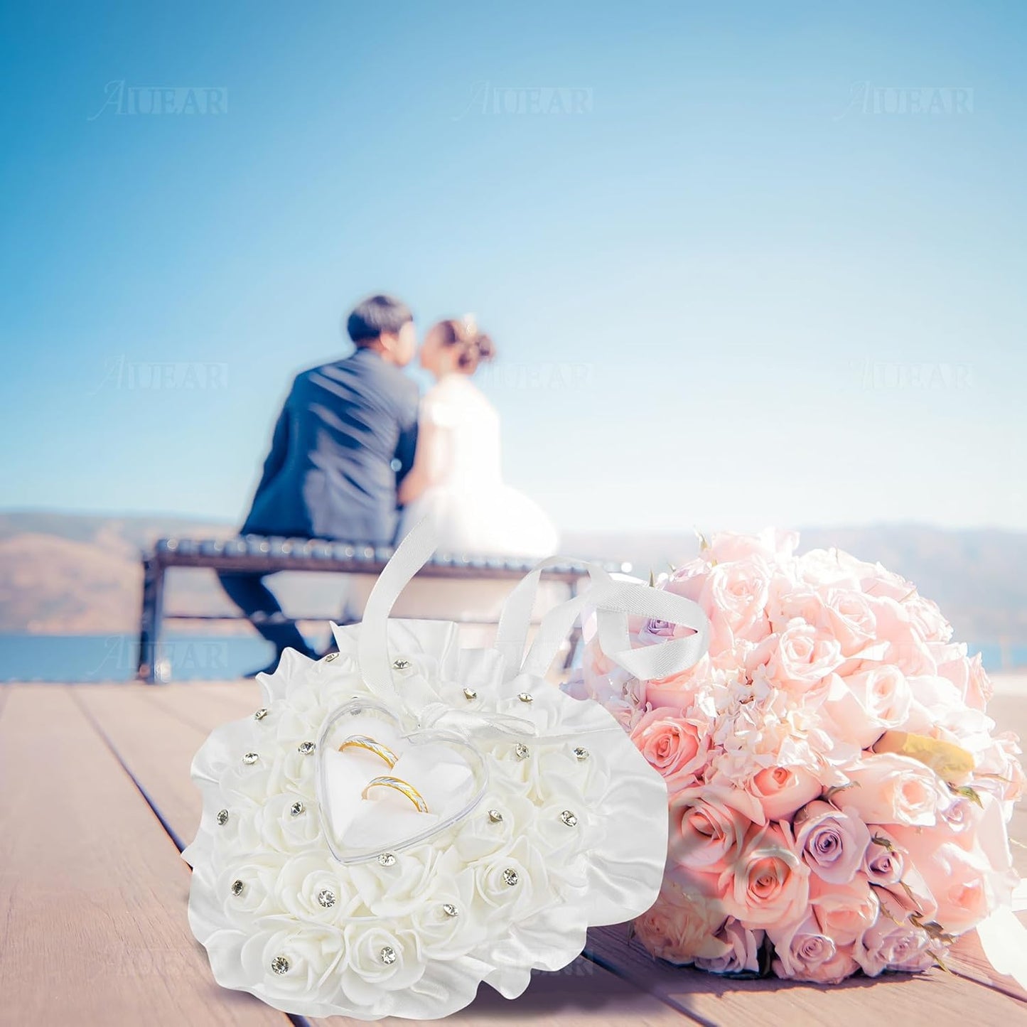 AUEAR, White Wedding Ring Holder Pillow Heart Shape Lace Rose Flower Rhinestone Crystal Box for Ceremony