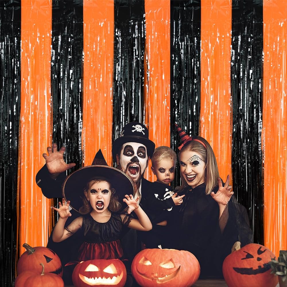 TONIFUL 2Pcs Black Orange Door Streamers,Photo Booth Backdrop Metallic Streamers Foil Fringe Curtains for Birthday,Christmas,New Year,Bachelorette,Halloween Party Streamers Decor(9.9ft x 6.6ft)