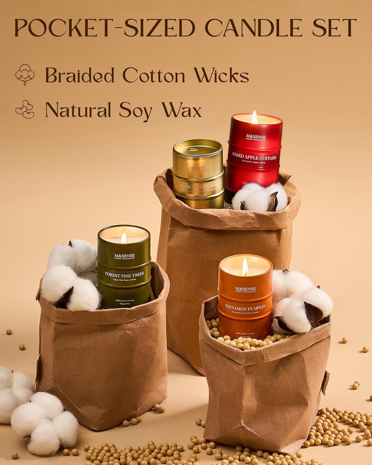 Fall Candles Set | Mini Scented Candles Gift Set | 4 Pack Candles for Home Scented Candle,Apple Pumpkin Cinnamon Pine Champagne Candle,Gift Set for Women and Men,Soy Wax 14 oz 86 Hour