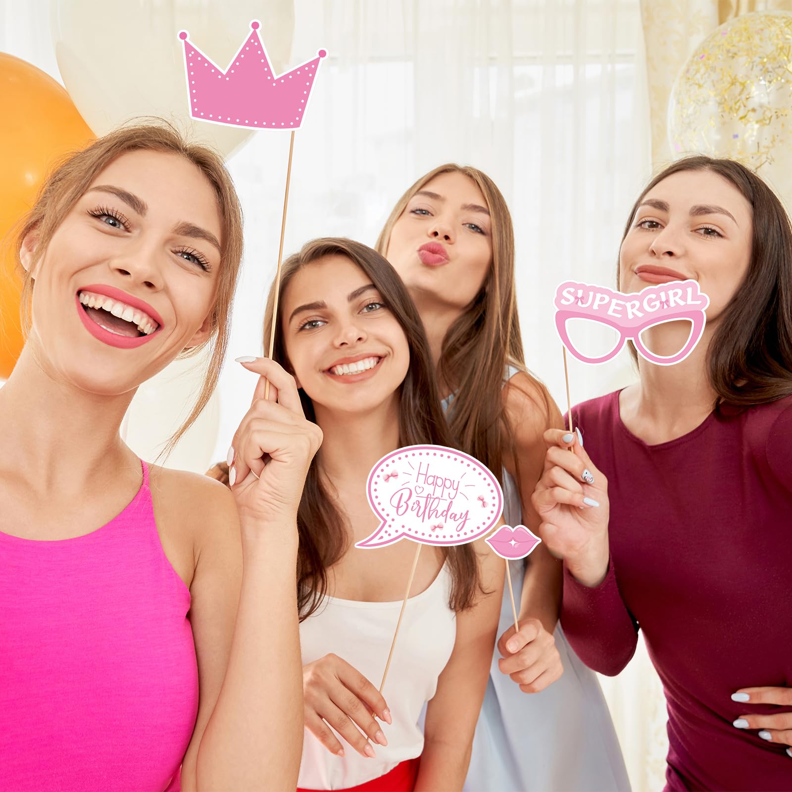 Pink Bow Party Decorations Photo Booth Props Signs,25pcs Pink Bow Birthday Decorations Selfie Props