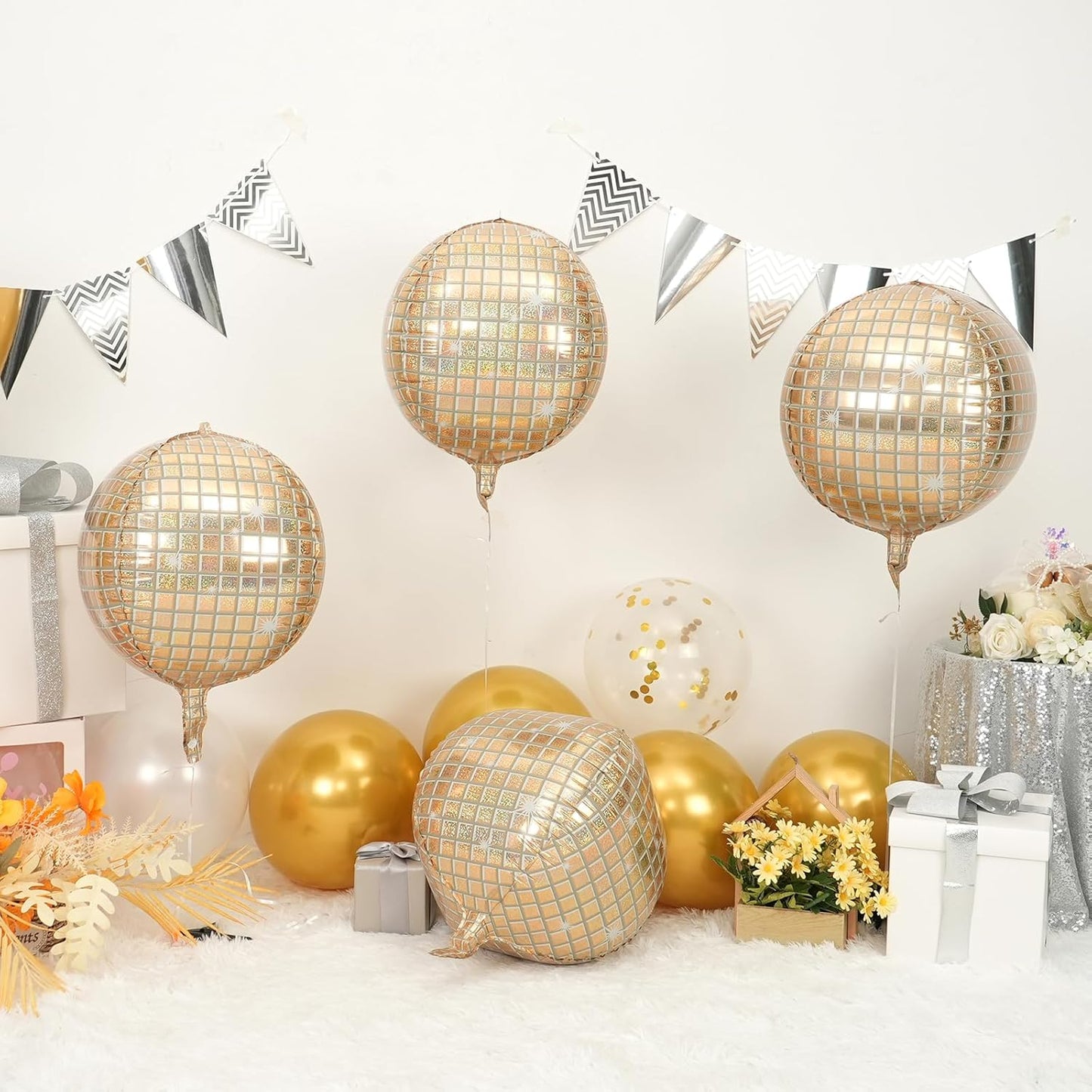 Disco Ball Balloons 4PC,Foil Disco Balloons 22 Inch 4D Round White Gold Balloon for 70s 80s Birthday Bachelorette Graduation Decorations