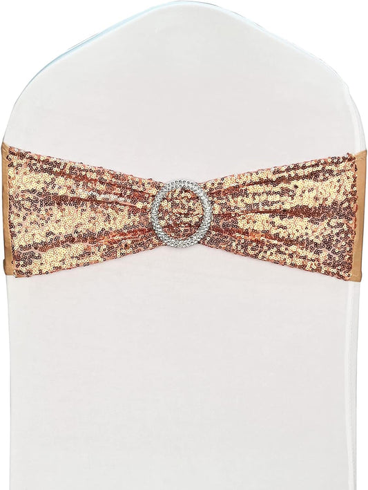 Chair Sashes Sequin Stretch Chair Bands Spandex Polyester Bows for Party Hotel Wedding Banquets Decoration - 6 Pcs Rose Gold