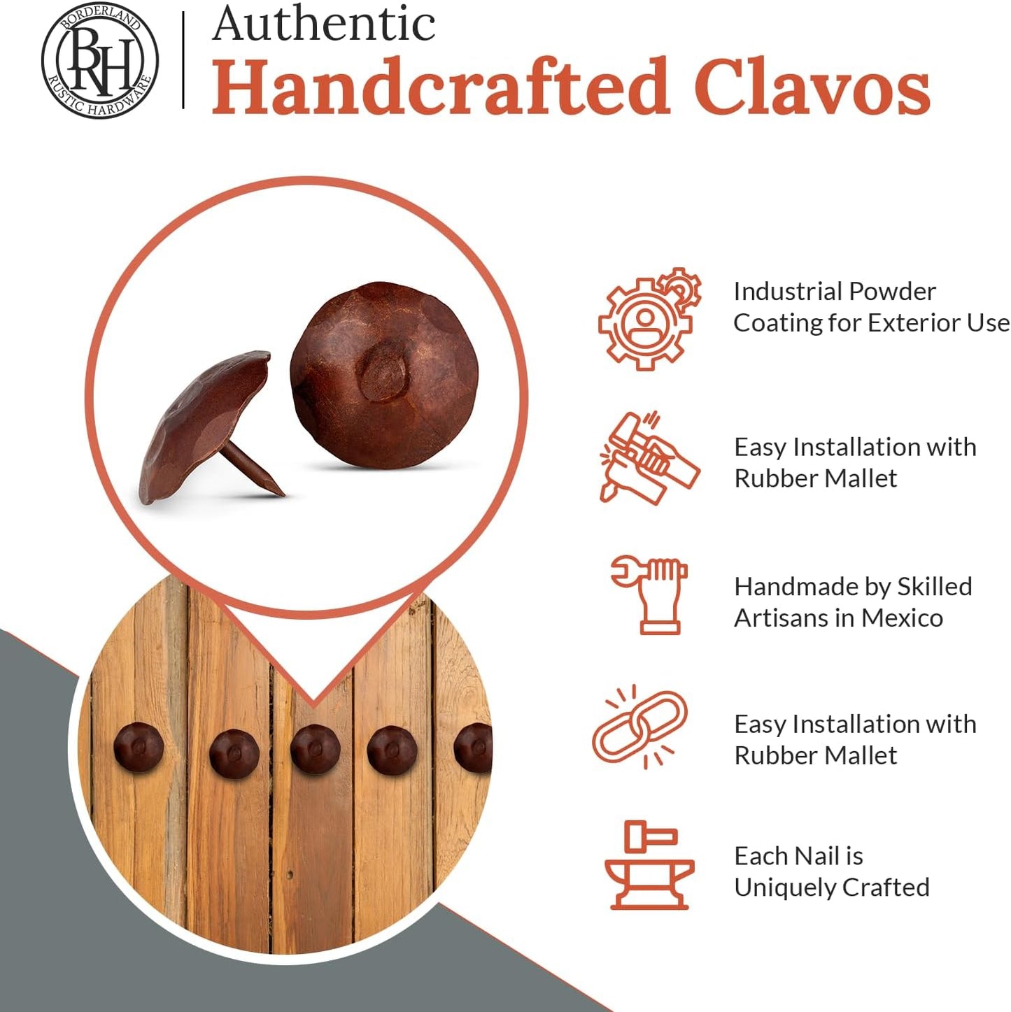 10 Pack 1.5" Round Head Iron Clavos Decorative Nails – Sealed Rusted – Handmade Rustic Round Fasteners for Farmhouse Shutters, Faux Wood Beams, Barn Doors, Shutters, Gates – Ornamental Wood Accent