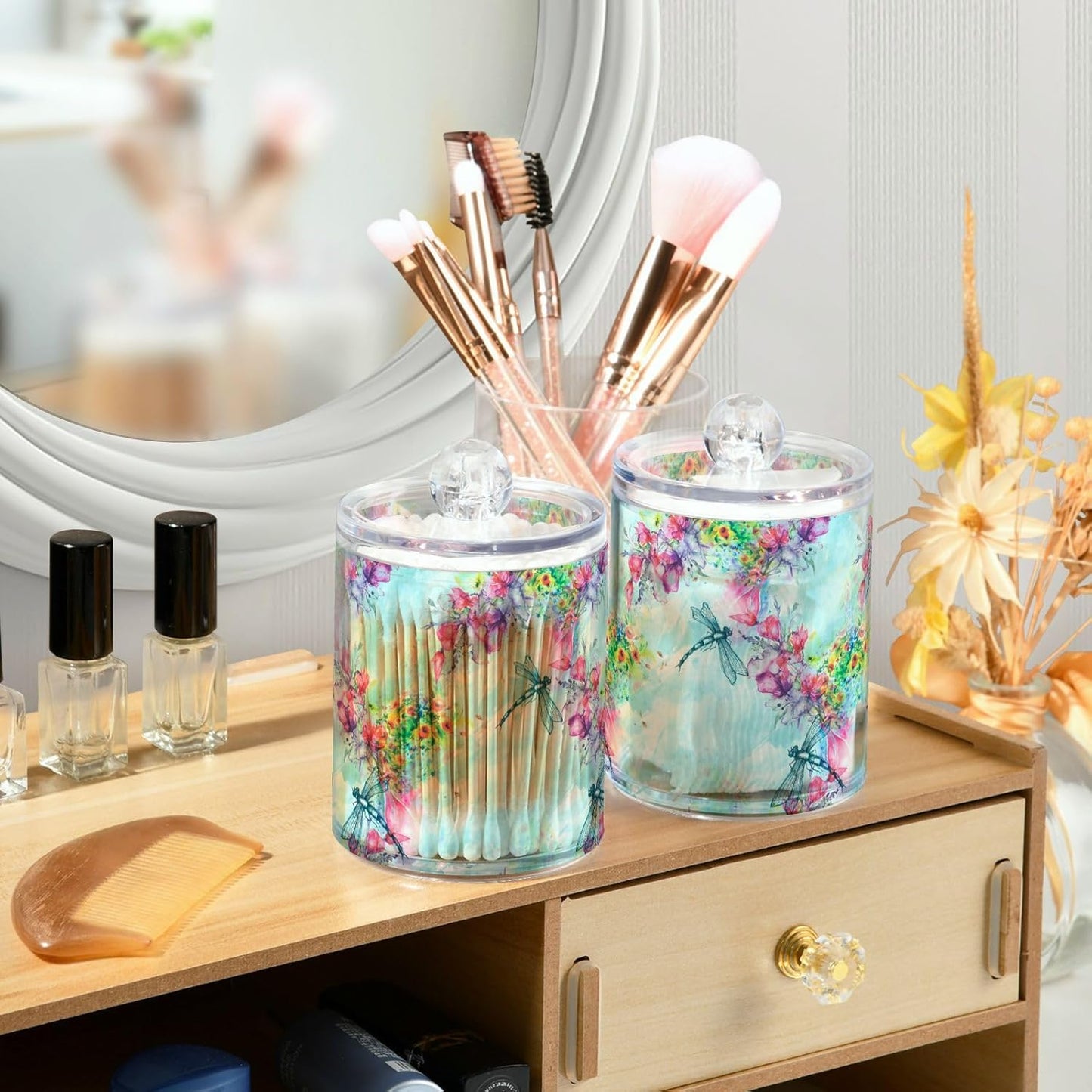 Gredecor Qtip Holder Dispenser 4 Pack Watercolor Flowers Dragonfly Apothecary Jars with Lids Bathroom Vanity Countertop Canister Storage Organizer for Cotton Ball,Swabs,Pads,Floss