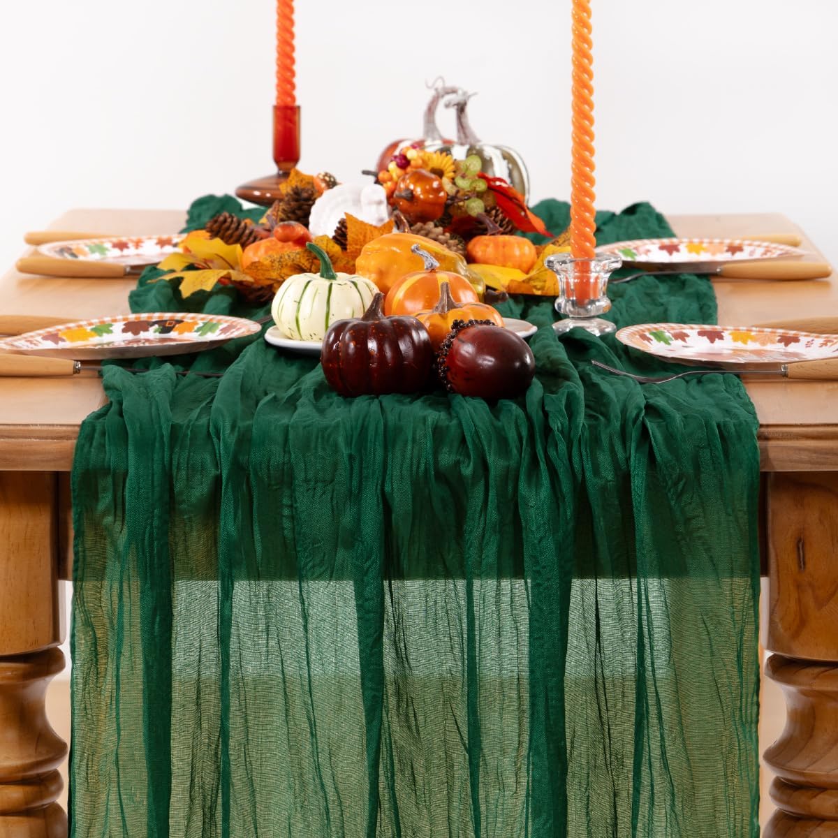 Emerald Green Cheesecloth Table Runner 12 Pack Fall Table Runners Boho Gauze 120 Inches Green Cheese Cloth Fall Table Decorations for Thanksgiving Wedding Bridal Baby Shower Tea Party