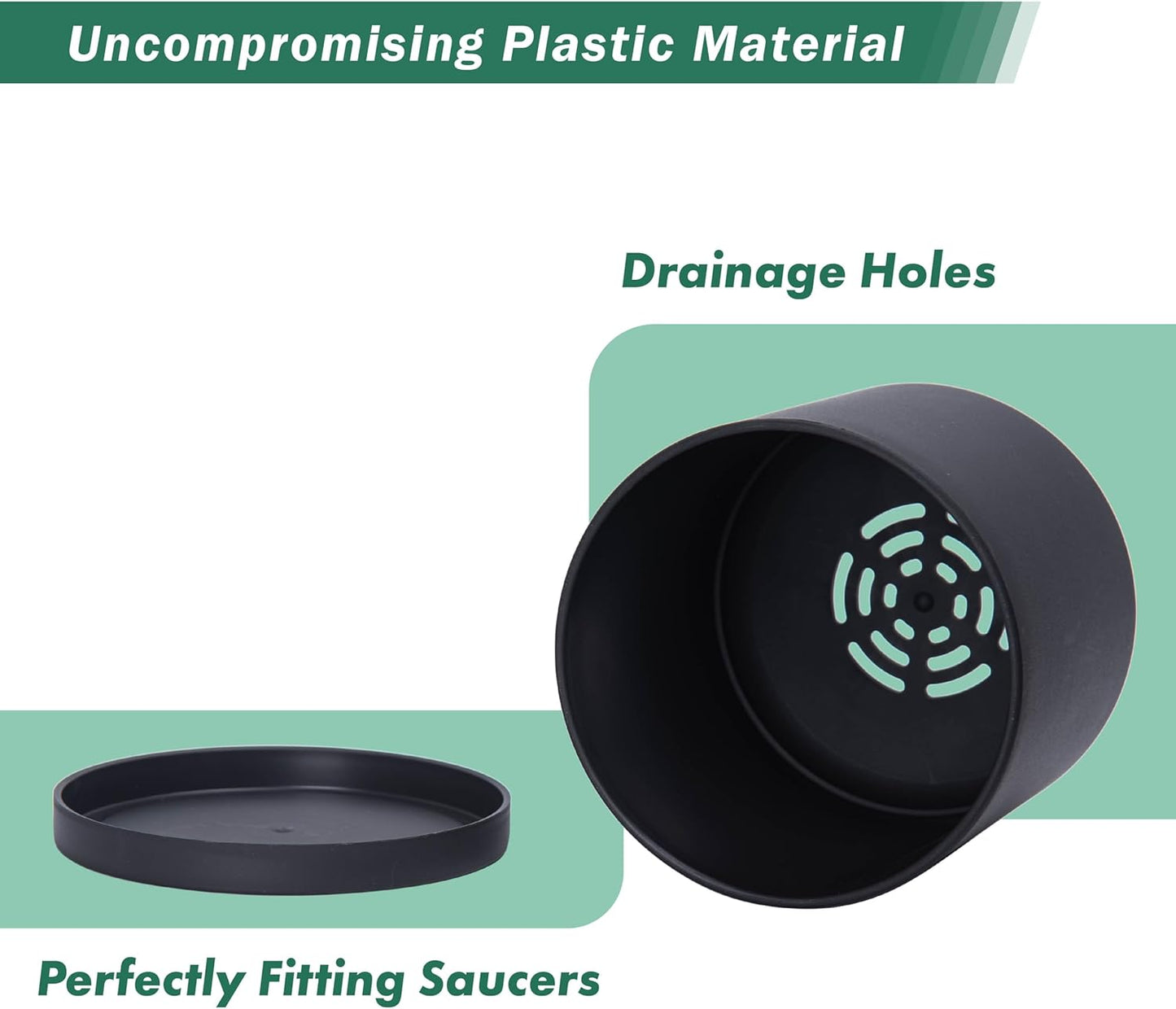 D'vine Dev 4 Pack 5.5 Inch Modern Plastic Plant Pots, Small Garden Planters for Plant with Drainage Holes and Saucers, Black Color, 74-Y-H-2