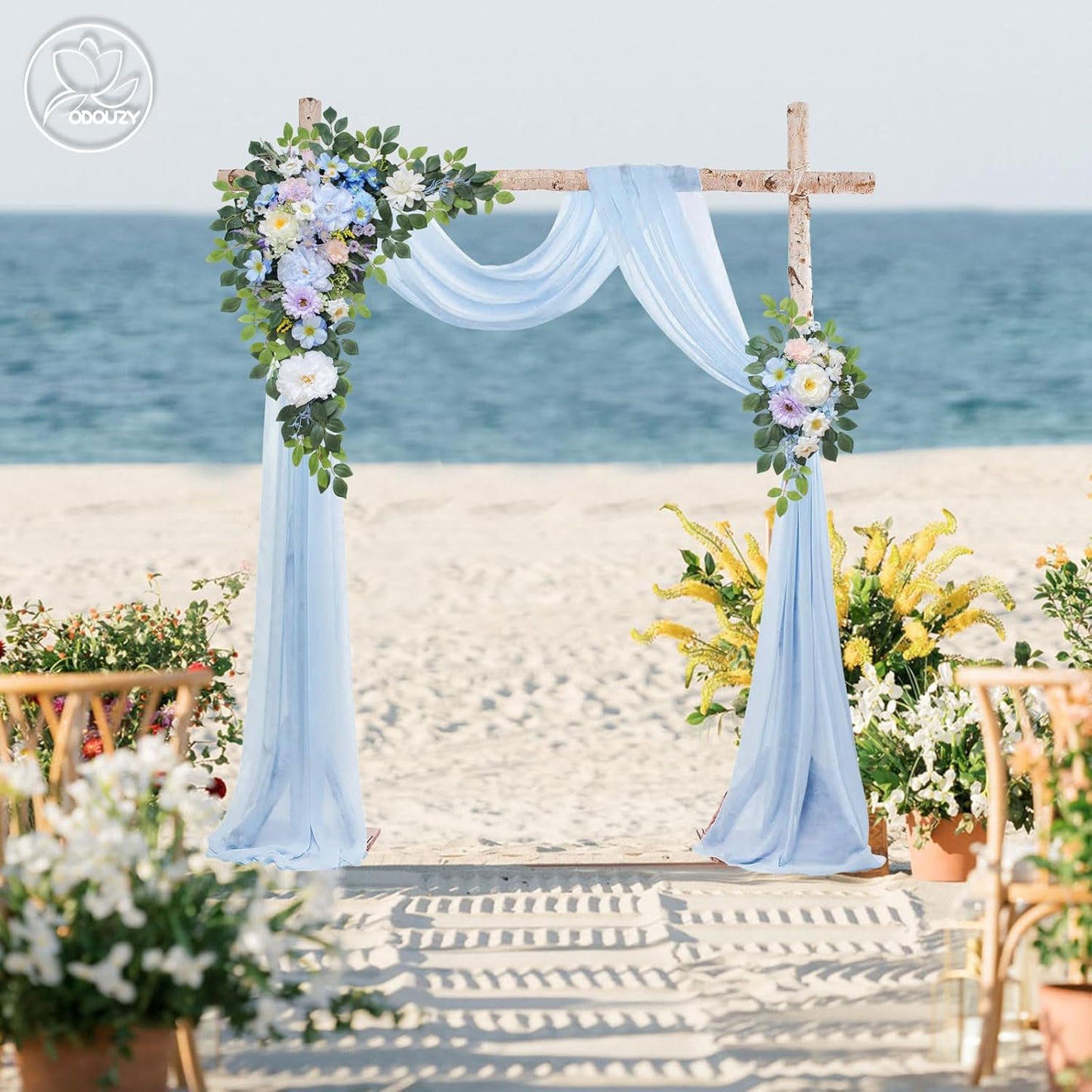 Wedding Arch Flowers Kit,Artificial Flower Arch Decor (Set of 3),2pcs Artificial Flower Arrangement with 1pc Sheer Drape for Wedding Decor Reception Backdrop Floral Decorations (Sky Blue)