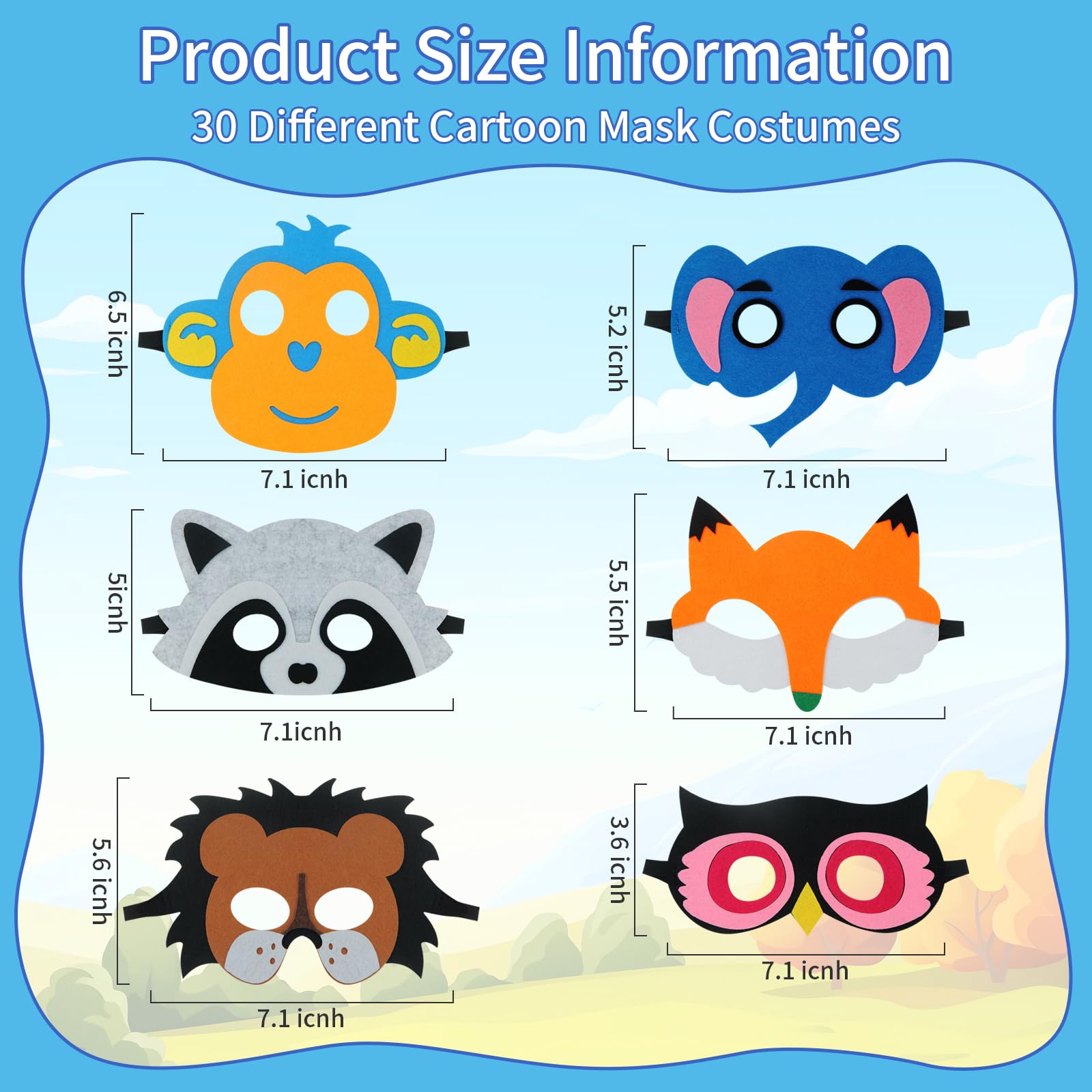 30 Pieces Felt Animal Masks for Kids Jungle Theme Party Favors Supplies