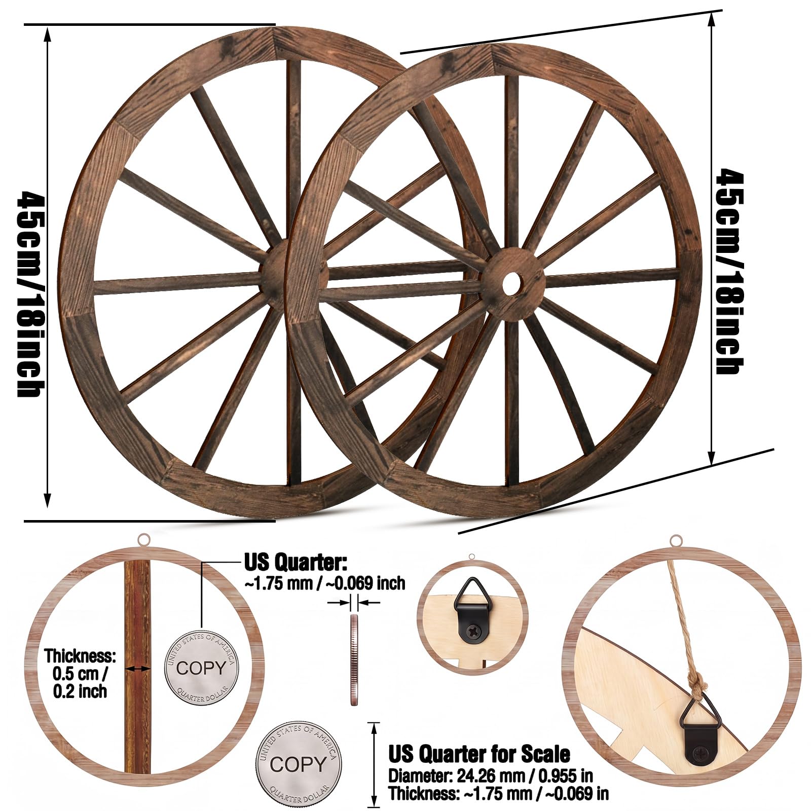 Qunclay 2 Pcs 12 Inch Wooden Wagon Wheel Decor, Western Rustic Decorations