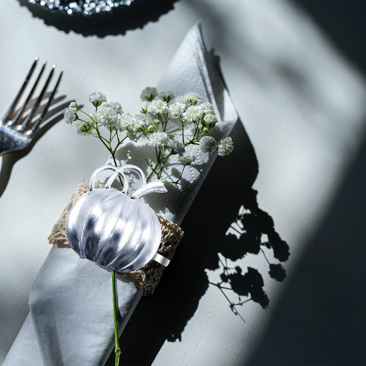 Halatool Pumpkin Napkin Rings Set of 12, Alloy Fall Napkin Rings Thanksgiving Halloween Dinner Tables Holders for Thanksgiving Weddings Holidays Gathering Dinner Party (Silver)