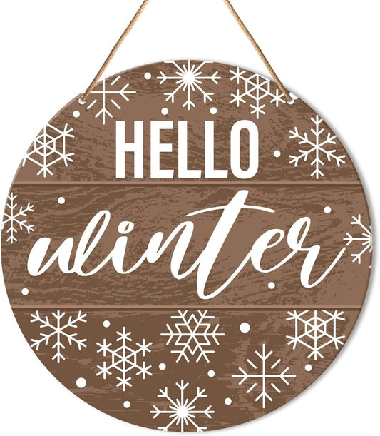 Muktoujaumai Hello Winter Sign Front Door Decor, Christmas Round Hanging Sign Decor Rustic Snowflake Xmas Holiday Wall Decorations Winter Wood Sign for Door, Porch, Home, Welcome Winter
