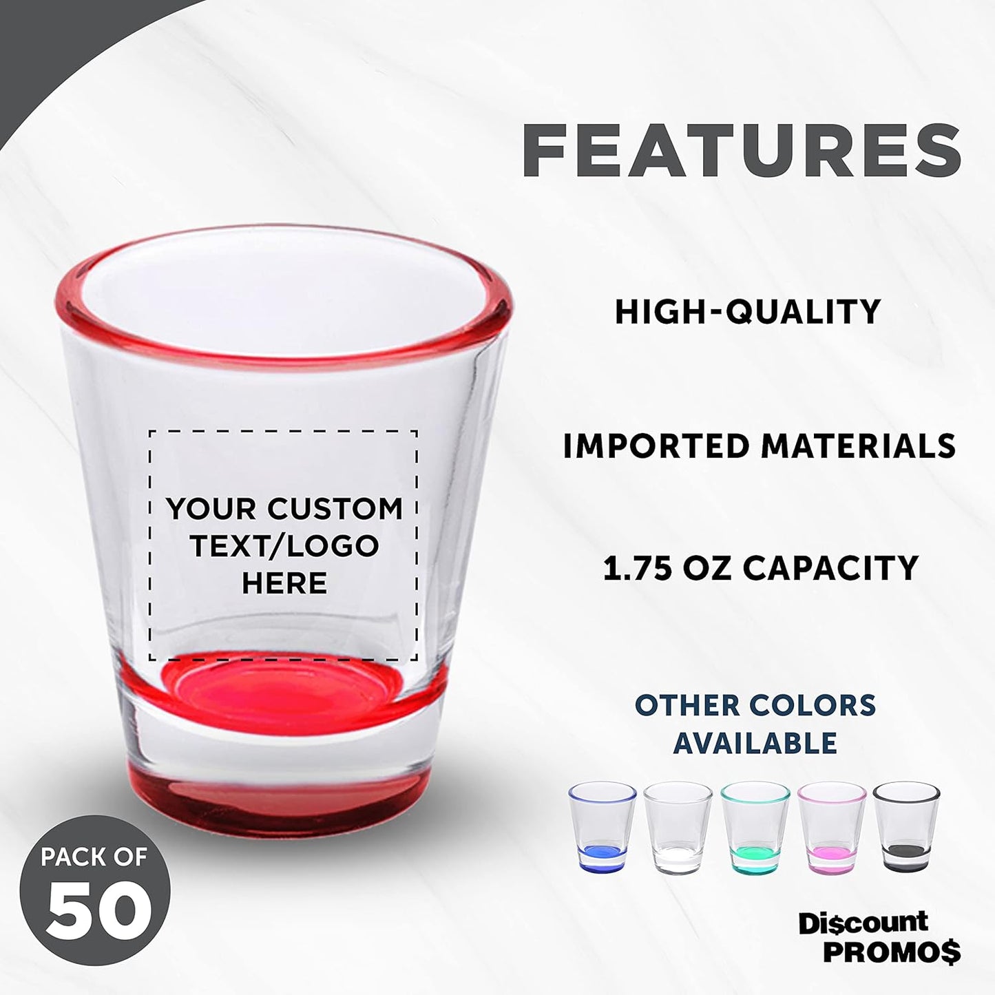Custom Shot Glasses 1.75 oz. Set of 50, Personalized Bulk Pack - Great for Wedding Favors, Bachelorette Party Decorations, Party Fovors, Color Bottom - Red