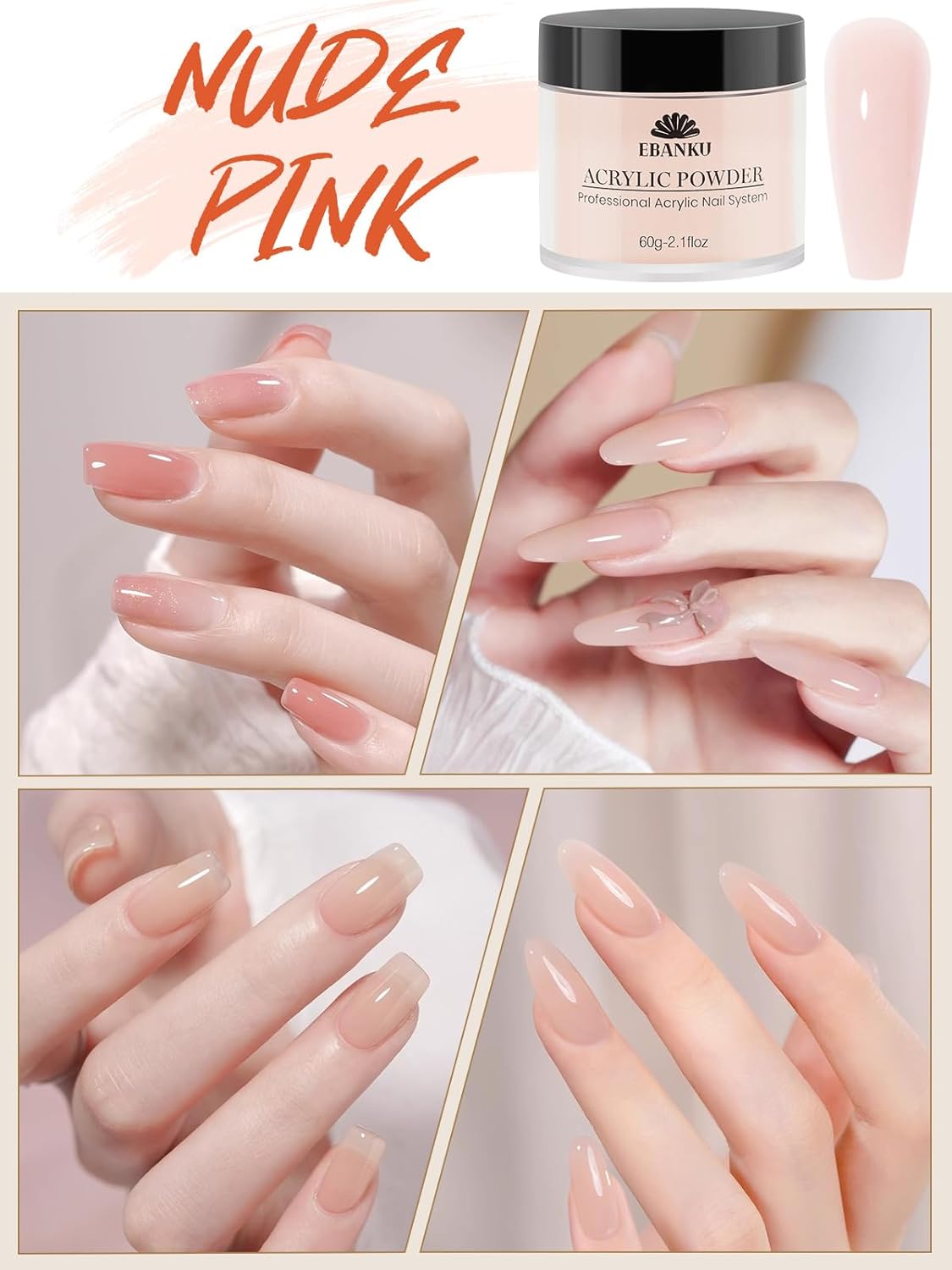 EBANKU Nude Pink Acrylic Powder, 2 * 60g/2.1oz Acrylic Powder Large Capacity Professional Acrylic Nail Powder for Nail Acrylic Extension, Nail Carving, Long-Lasting, No Nail Lamp Needed