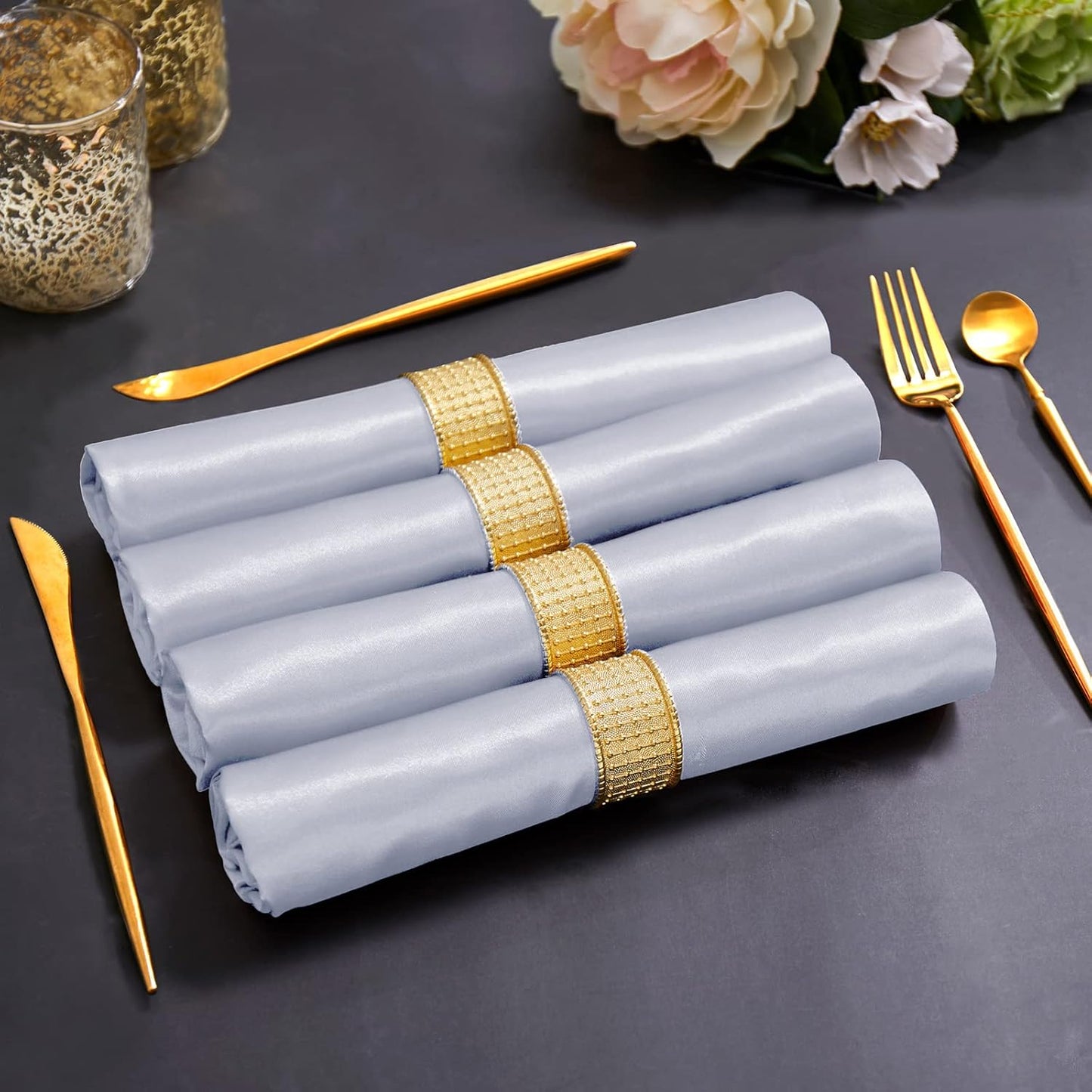 Horbaunal 30 Pack Silver Satin Napkins 17 x 17 Inch, Square Soft Table Dinner Napkins, Silky Cloth Napkins Table Decoration for Weddings Banquets Parties