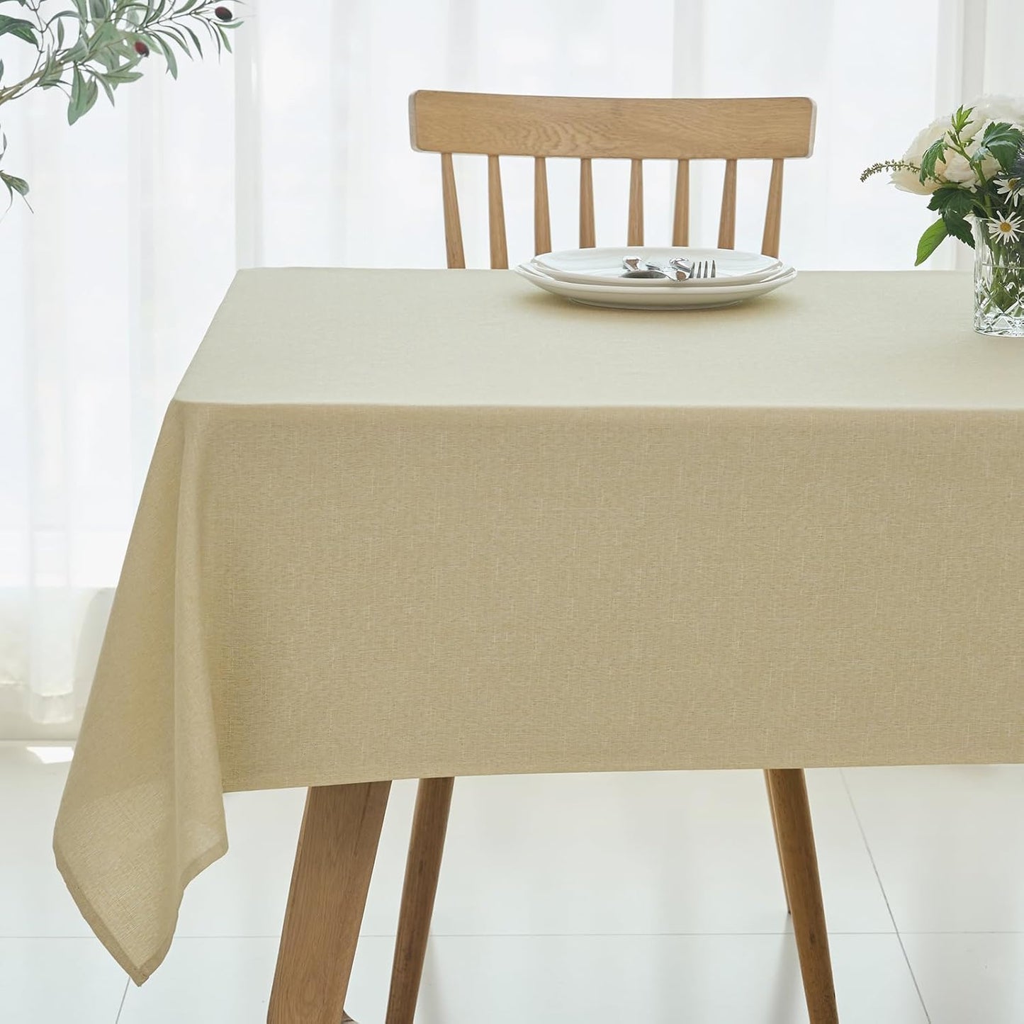 maxmill Rectangle Linen Texture Tablecloth Stain Proof Waterproof Wrinkle Free Washable Dining Table Cloth Wipeable Fabric Table Cover for Dining Room Farmhouse Tablecloths, 60 x 120 Inch, Beige