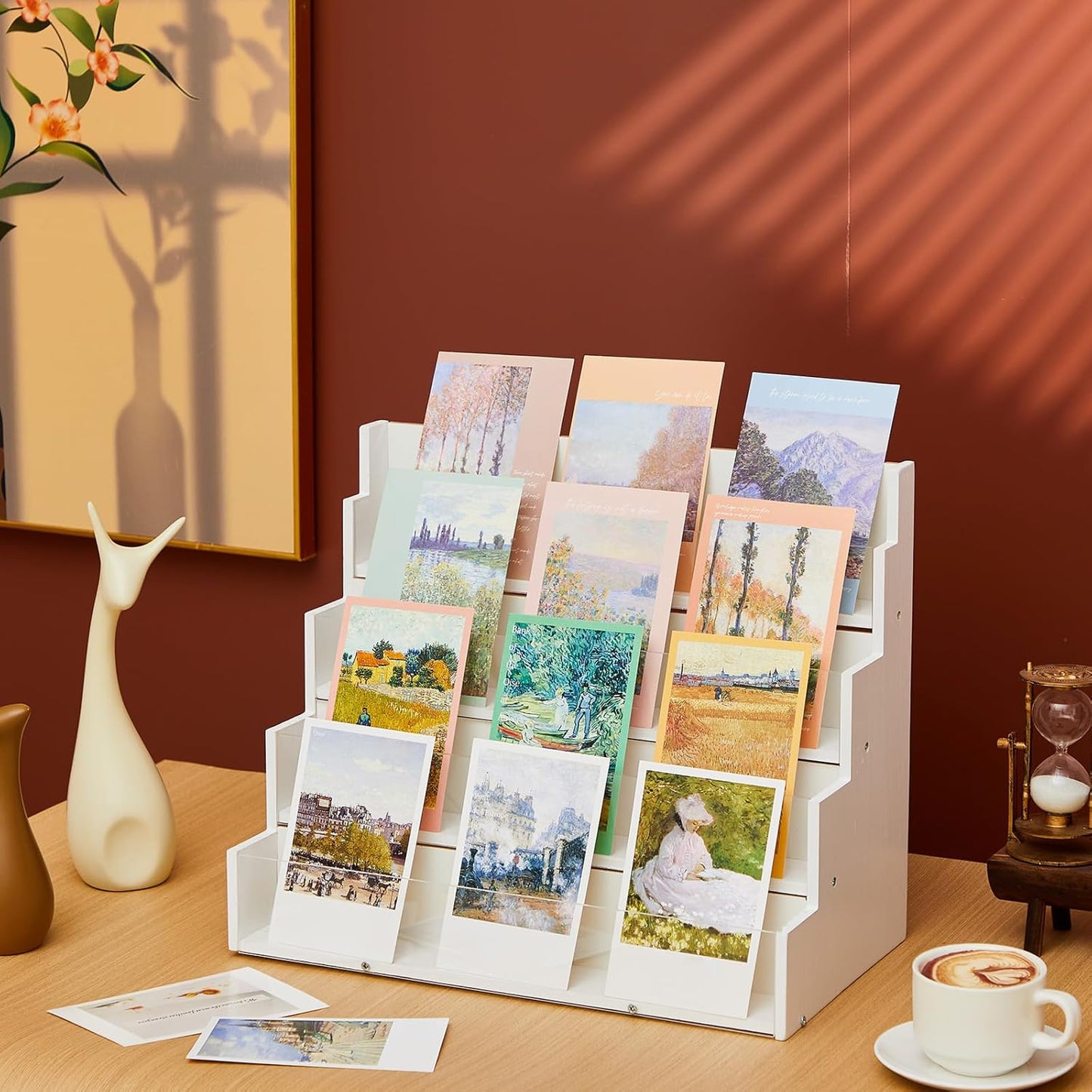 4 Tier Greeting Card Display Stand White Bamboo and Acrylic Sticker Display Stand Trading Card Holder Retail Photos Shelf for Vendors Craft Collection & Show